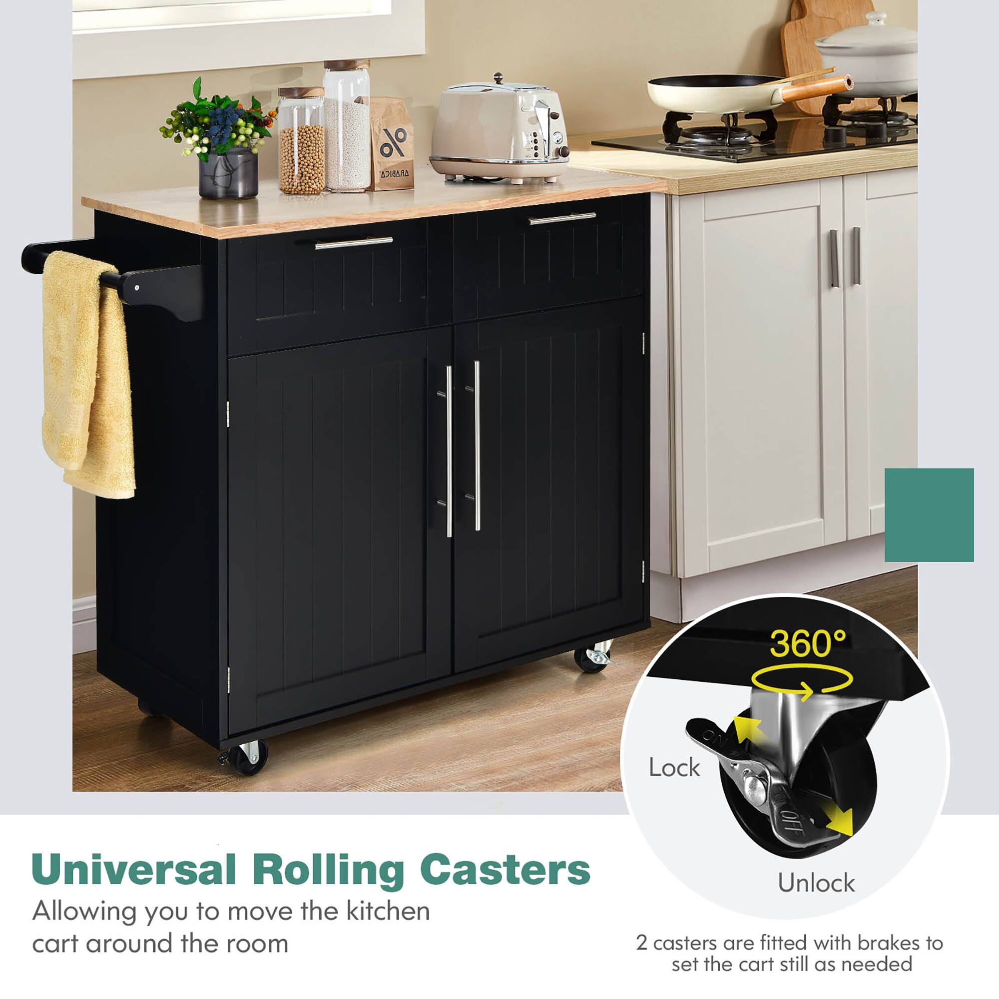 Universal Rolling Casters  
Allowing you to move the kitchen cart around the room  

360° Lock  
Unlock  

2 casters are fitted with brakes to set the cart still as needed