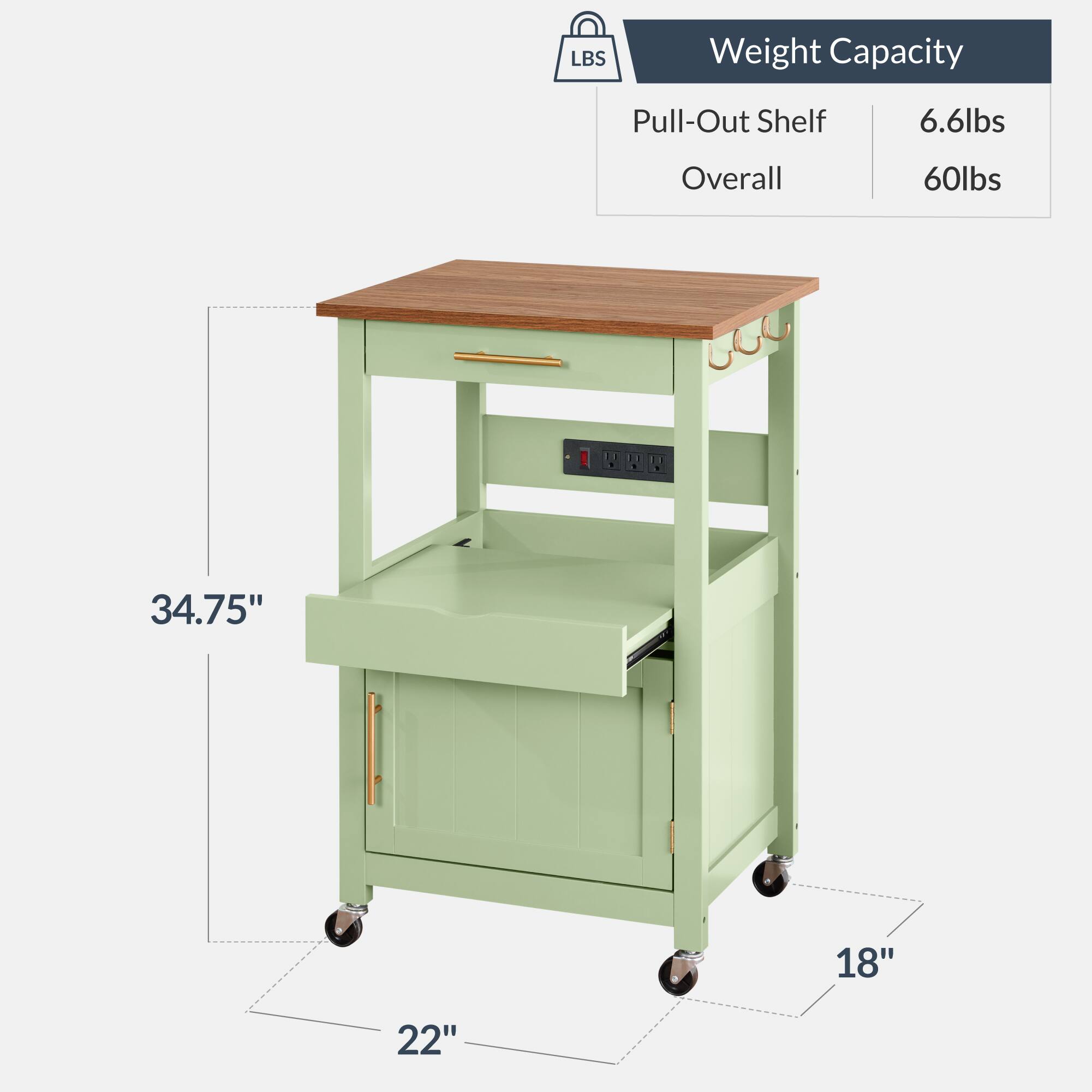 LBS Weight Capacity  
Pull-Out Shelf: 6.6lbs  
Overall: 60lbs  

Dimensions:  
34.75" x 18" x 22"