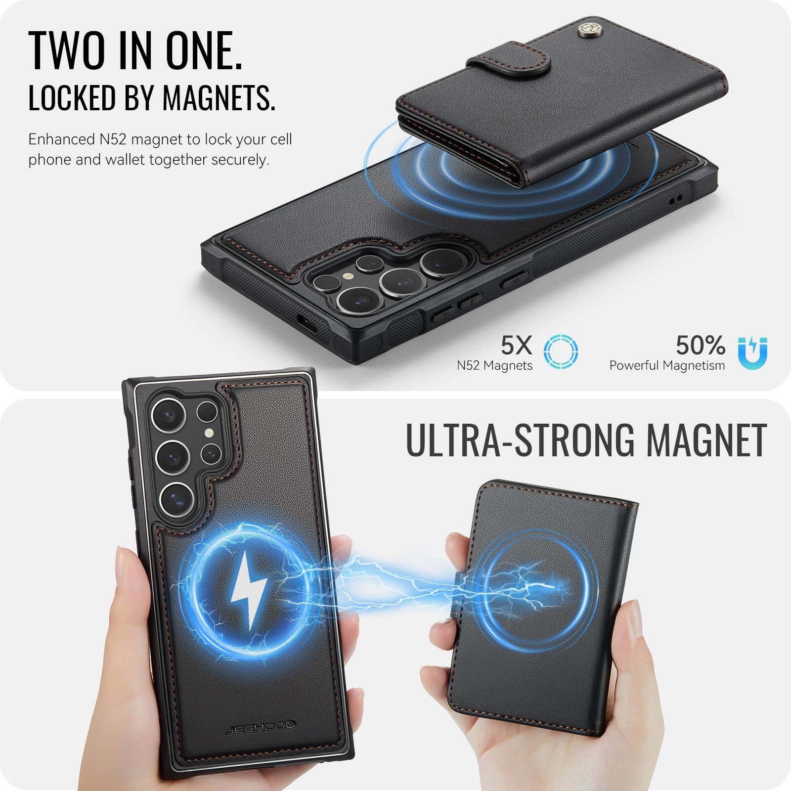 TWO IN ONE.  
LOCKED BY MAGNETS.  
Enhanced N52 magnet to lock your cell phone and wallet together securely.  

5X N52 Magnets  
50% Powerful Magnetism  

ULTRA-STRONG MAGNET