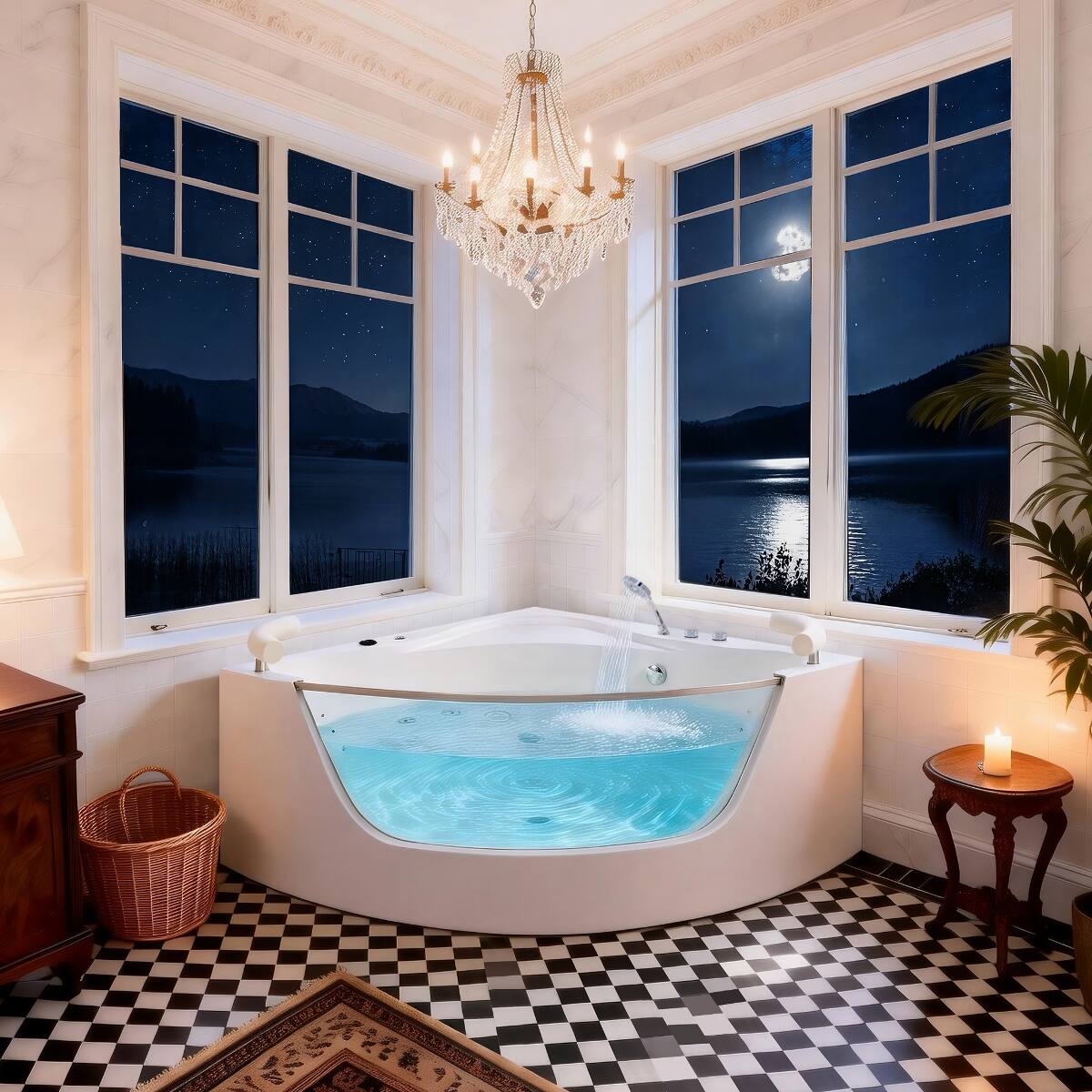 Back. Loheer - Loheer Acrylic Corner Whirlpool Bathtub for Two with Heater, 59 in Jetted Soaking Tub with Center Drain - Milk White.