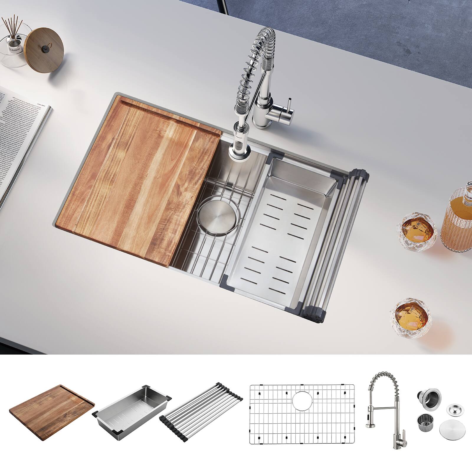 Angle. Akicon - Akicon 30 in. Undermount 18-Gauge Single Bowl Basin Stainless Steel Kitchen Sink and Faucet with Accessories - Silver.