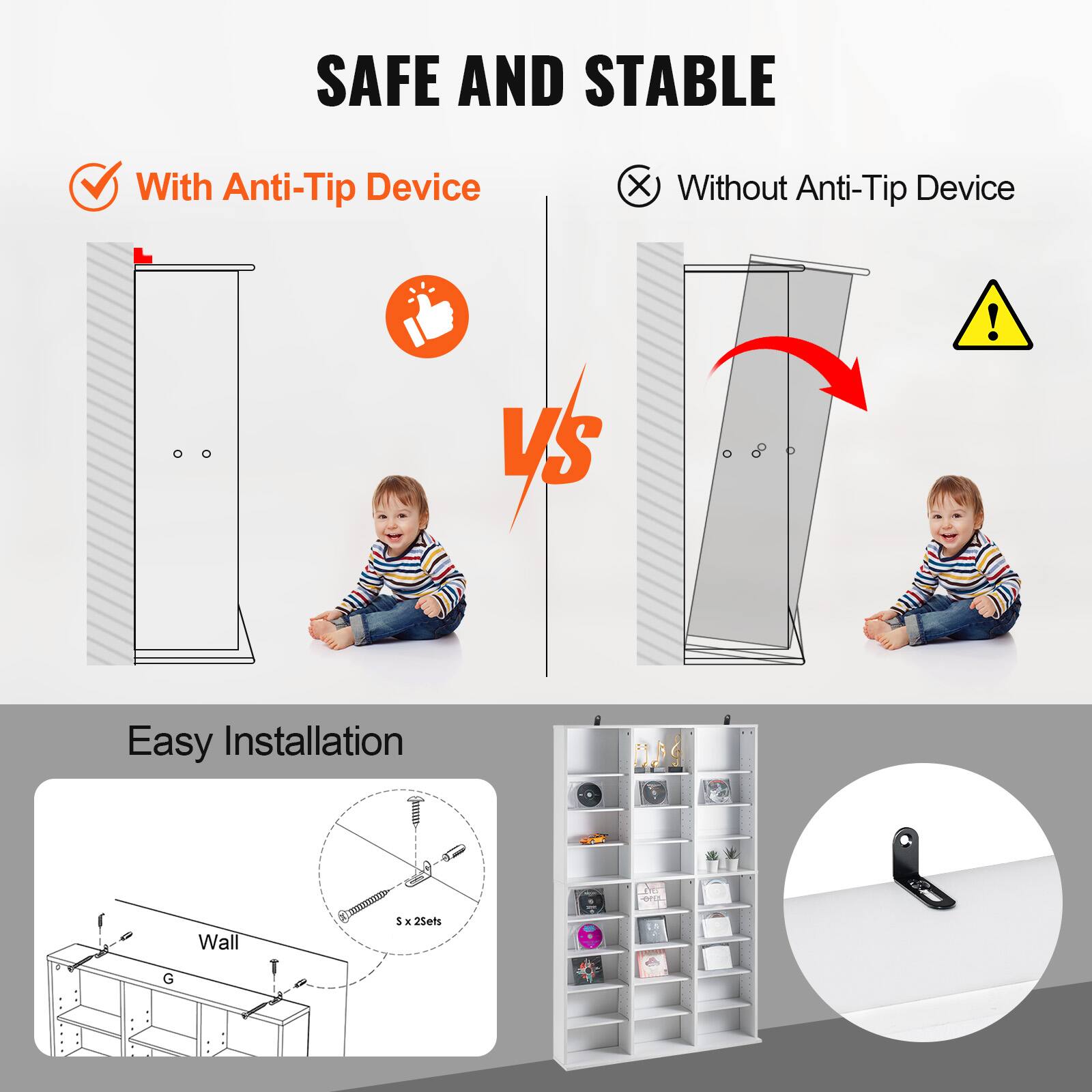 SAFE AND STABLE

With Anti-Tip Device

VS

Without Anti-Tip Device

Easy Installation

Wall

5 x 25ets
