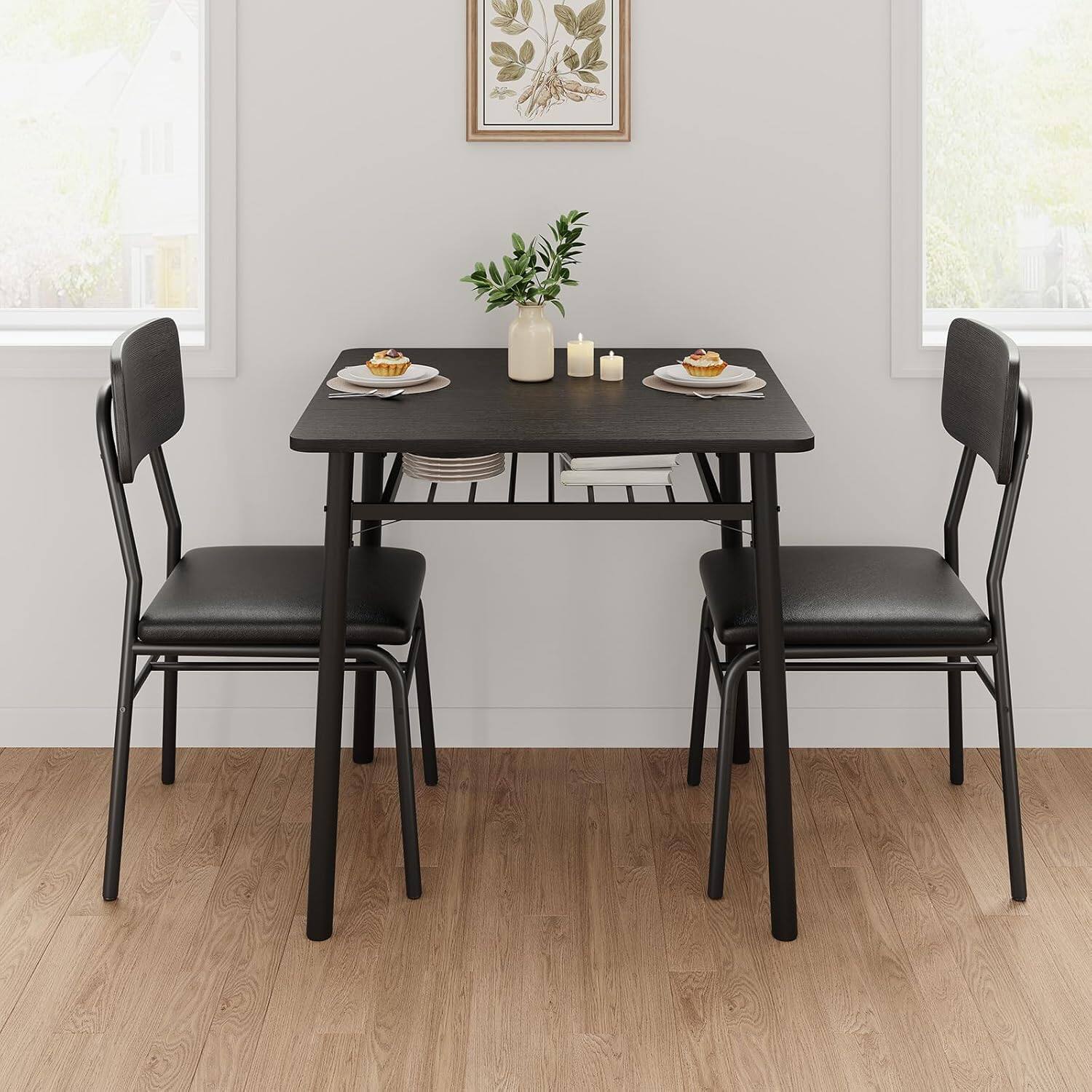 Qeetex 3 Piece Square Dining Set for 2 with Storage, Metal Frame Table ...