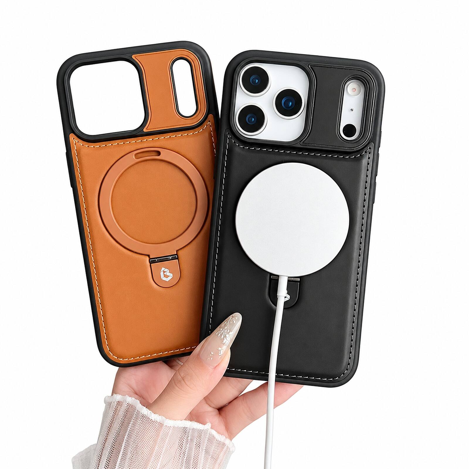 Angle. UUCOVER - Magnetic Case for Apple iPhone 17 Pro,Shockproof Leather + TPU Ring Stand Case Compatible with MagSafe Back Cover - Winered.