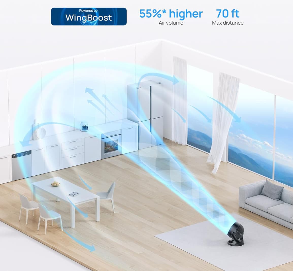 Powered by WingBoost  
55%* higher Air volume  
70 ft Max distance