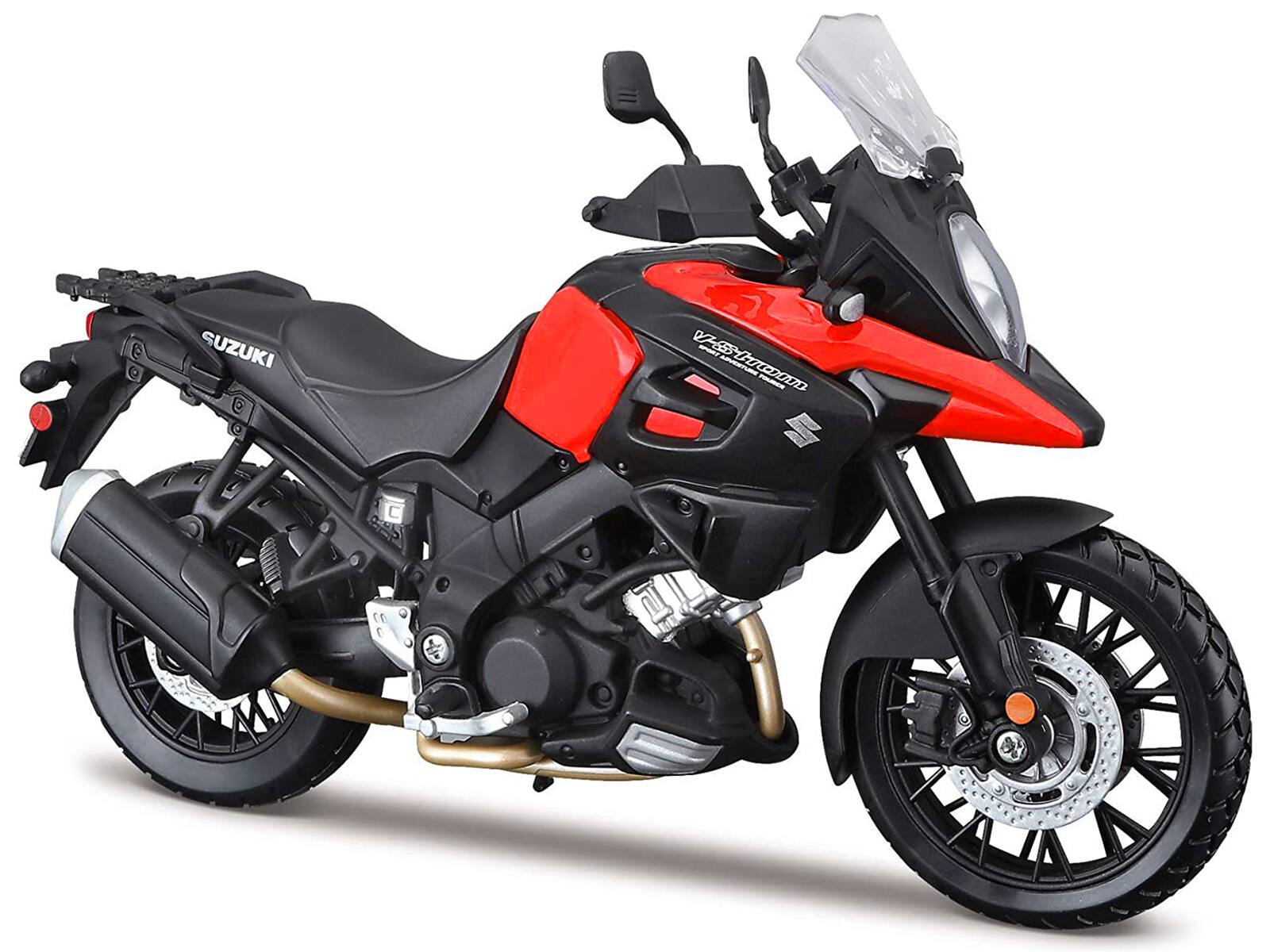 Angle. Maisto - Suzuki V-Strom 1000 Red and Black with Plastic Display Stand 1/12 Diecast Motorcycle Model by Maisto - Red and Black.