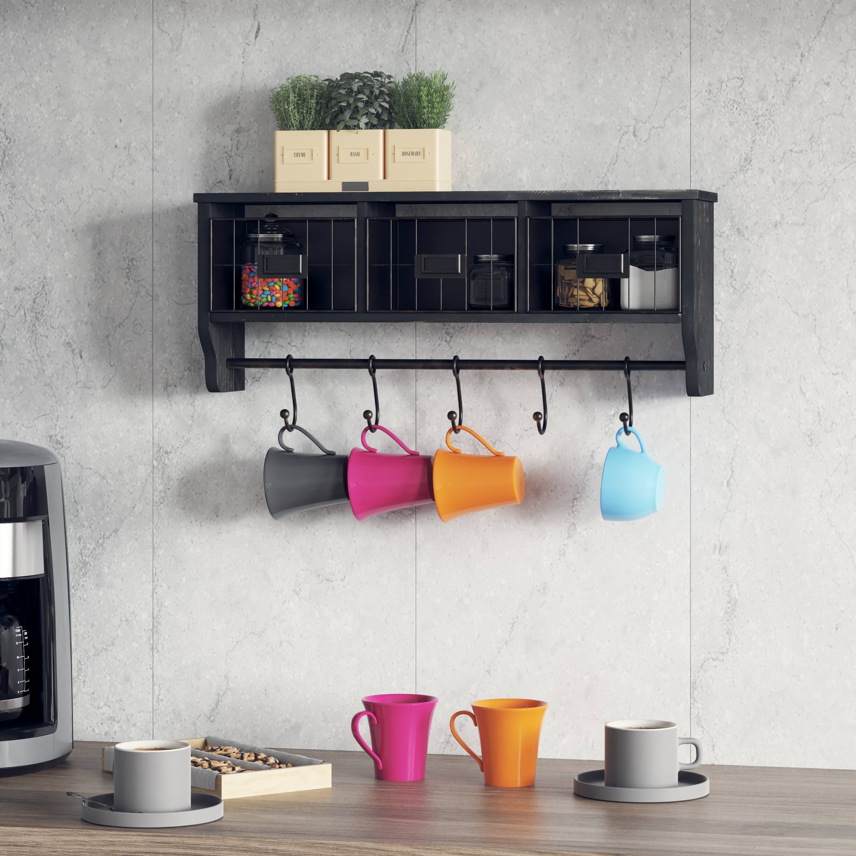 Alt View 4. Emma + Oliver - Mulhall Rustic Country Wall Mounted Shelf with 5 Adjustable Sliding Hooks and Three Wire Storage Baskets - Black Wash.