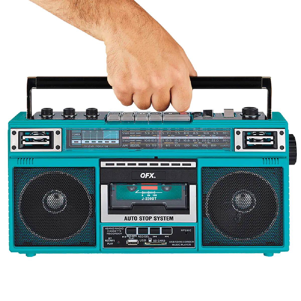 The text on the image reads: "100 100 71 75 BD ds 17 1 85 90 U5 CHEY 83 200 220 MP  LED PTON AM 59 IOS 120 N4O 150 150 AR OFX. +en++f90+t s. 18 J-230BT AUTO STOP SYSTEM EBAND RADIO CASSETTE MP3-MIC RECORDER KONS REC/DEL 1 - BT PLAY RECAPS USB SD CARD RECORDER U8s0 PLAY PLAYER MUSIIC."