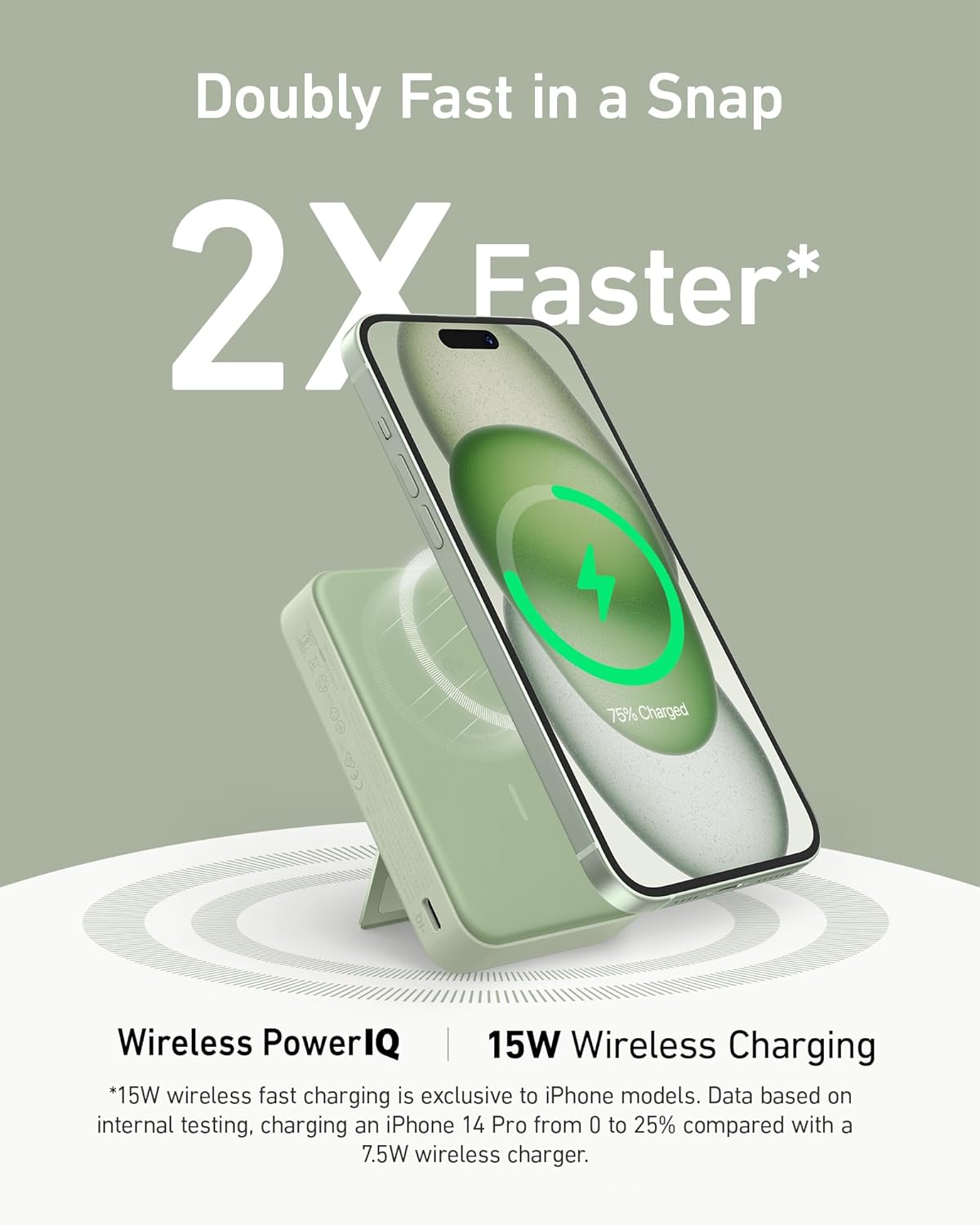 Doubly Fast in a Snap  
2X Faster*  

Wireless PowerIQ | 15W Wireless Charging  

*15W wireless fast charging is exclusive to iPhone models. Data based on internal testing, charging an iPhone 14 Pro from 0 to 25% compared with a 7.5W wireless charger.