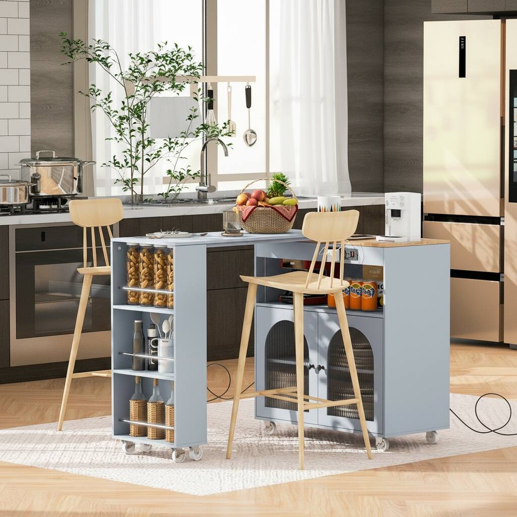 Left. Forest'nSky - Rolling Kitchen Island with Extendable Table – LED Lights, Power Outlets, 2 Fluted Glass Doors & 3 Open Shelves, Grey - Grey.