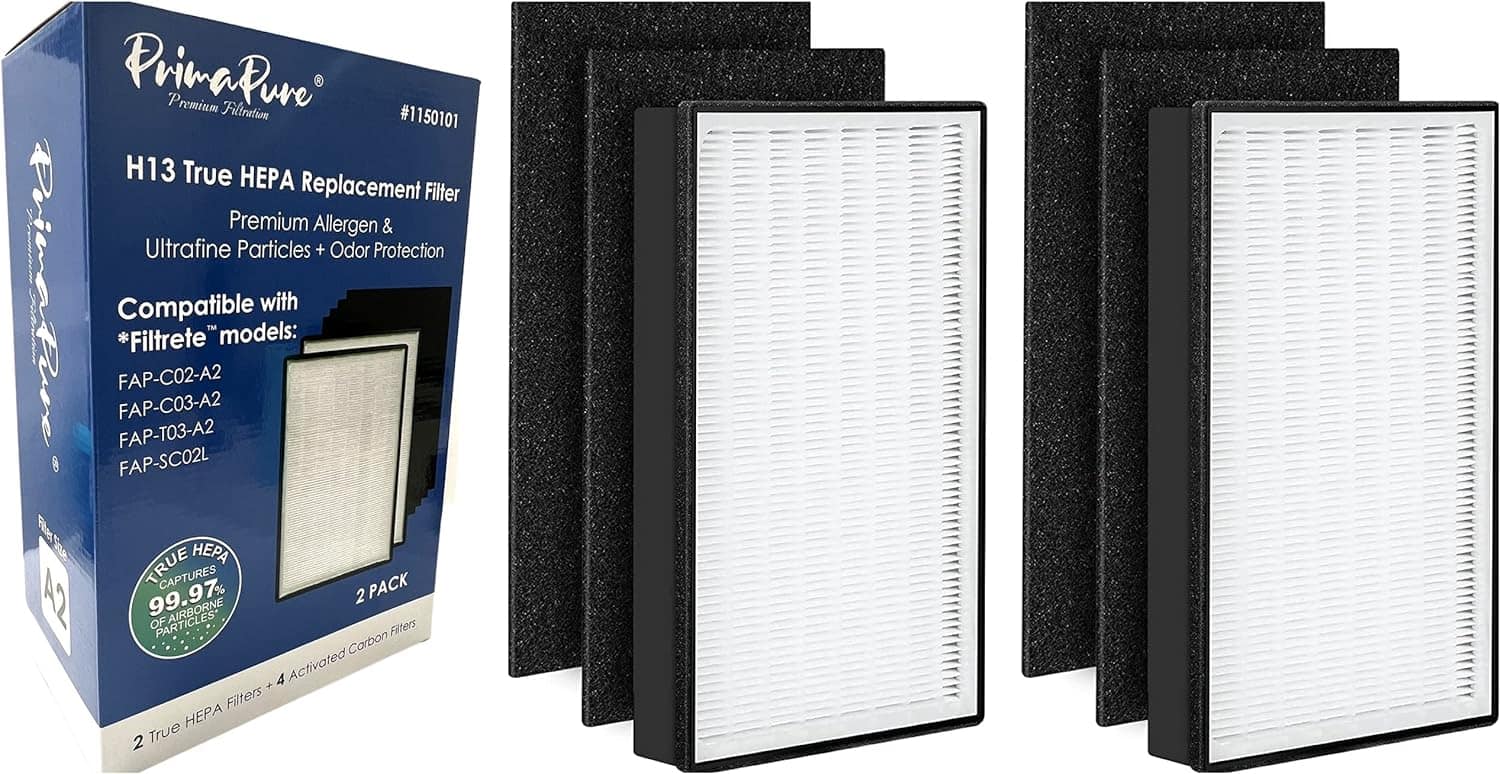PrimaPure - 2-Pack H13 HEPA Filter Replacement for Filtrete Room Air Purifier 1150101, FAP-C02-A2, 2 HEPA Filters + 4 Carbon Filters - White/Black