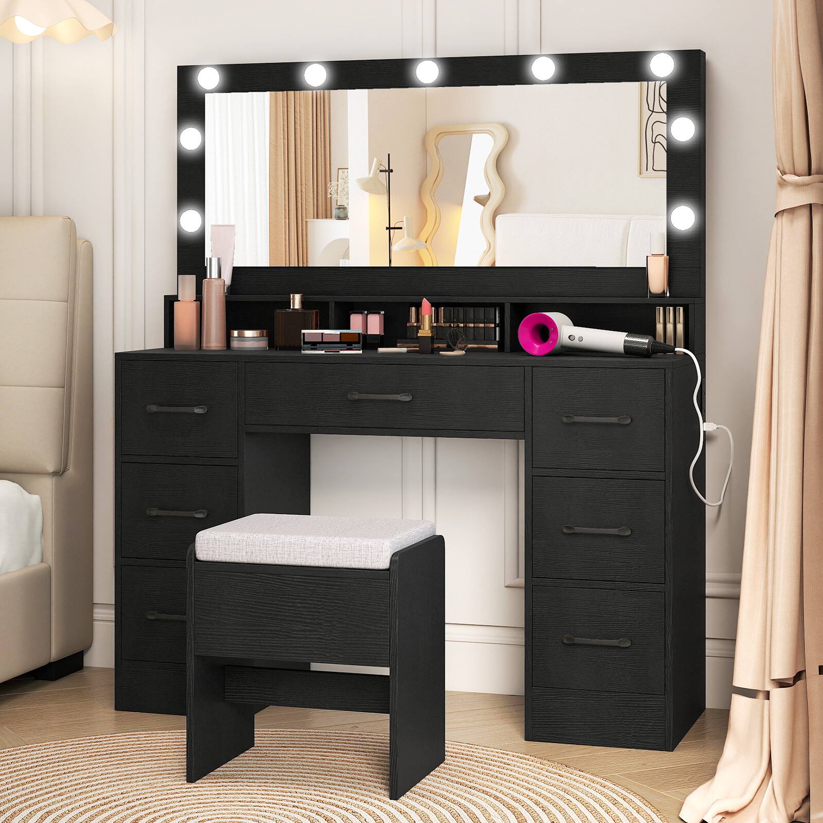 Alt View 5. Gymax - Gymax Vanity Desk w/Mirror & Lights Power Outlets 3 Color Lighting Modes 7 Drawers - Black.