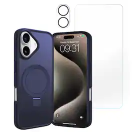 Entronix - iPhone 17 Bundle - Magnetic Translucent Matte Gripstand Case with Screen & Camera Protectors - Navy Blue