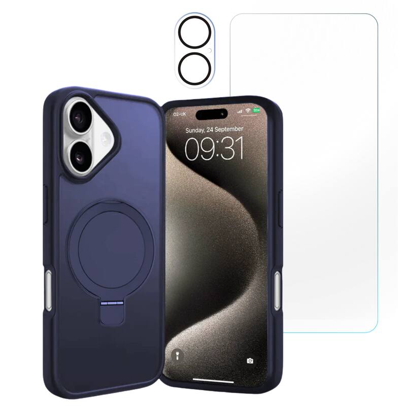 Entronix - iPhone 17 Bundle - Magnetic Translucent Matte Gripstand Case with Screen & Camera Protectors - Navy Blue
