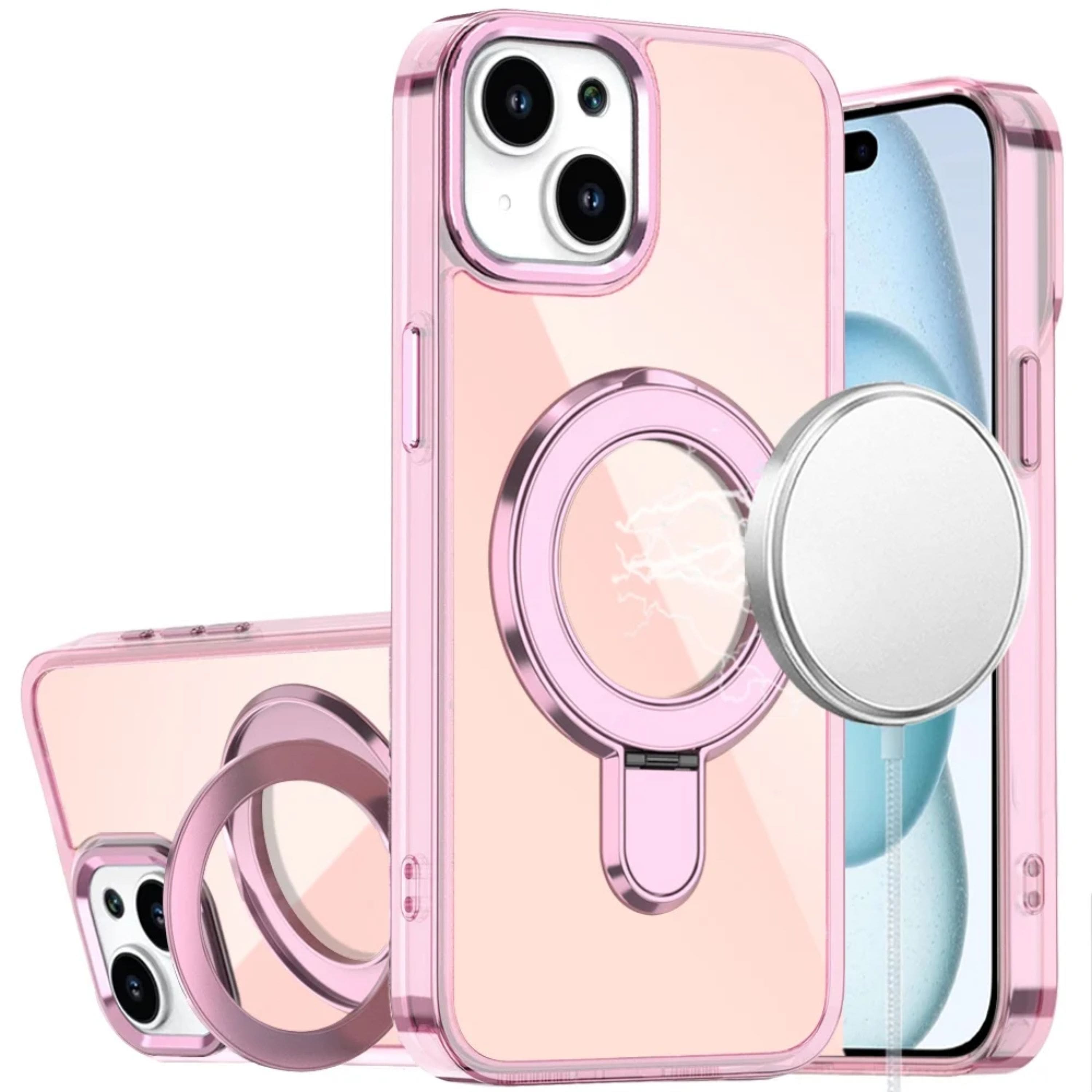 Kitcheniva - Radiant Chrome Magnetic Circle Stand Phone Case With 2 Pcs Tempered Glass For iPhone 15 Plus - Light Pink price history on PriceWatchPro