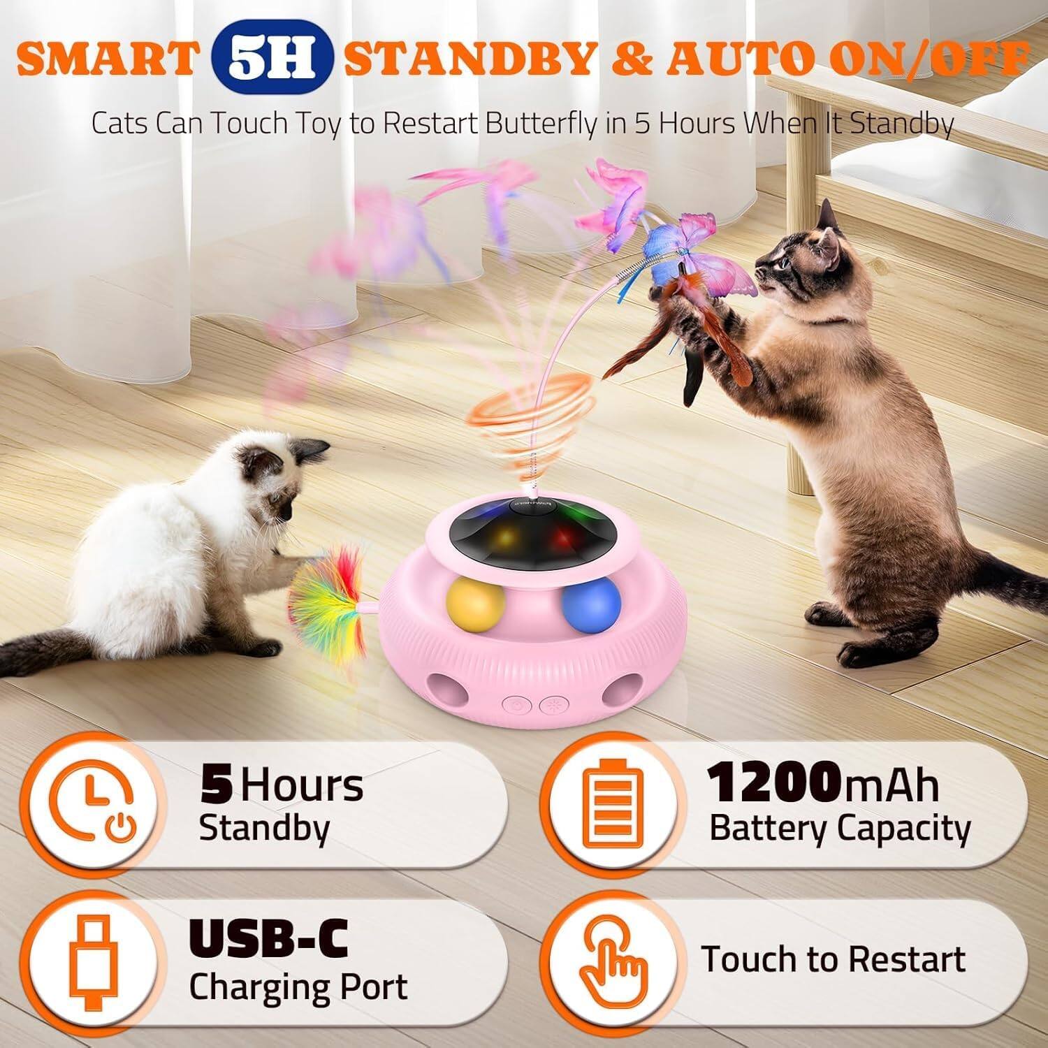 SMART 5H STANDBY & AUTO ON/OFF, Cats Can Touch Toy to Restart Butterfly in 5 Hours When It Standby, 5 Hours Standby, 1200mAh Battery Capacity, USB-C Charging Port, Touch to Restart