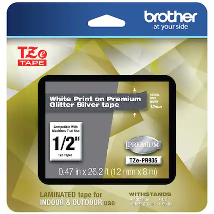 - Brother at your side
- TZe TAPE
- White Print on Premium Glitter Silver tape
- Compatible With Machines That Use 1/2" TZe Tapes
- 0.47 in x 26.2 ft (12 mm x 8 m)
- LAMINATED tape for INDOOR & OUTDOOR use
- WITHSTANDS Abrasion, Heat & Cold, UV, Spills
- PREMIUM TZe-PR935
- ACTUAL TAPE WIDTH 12mm