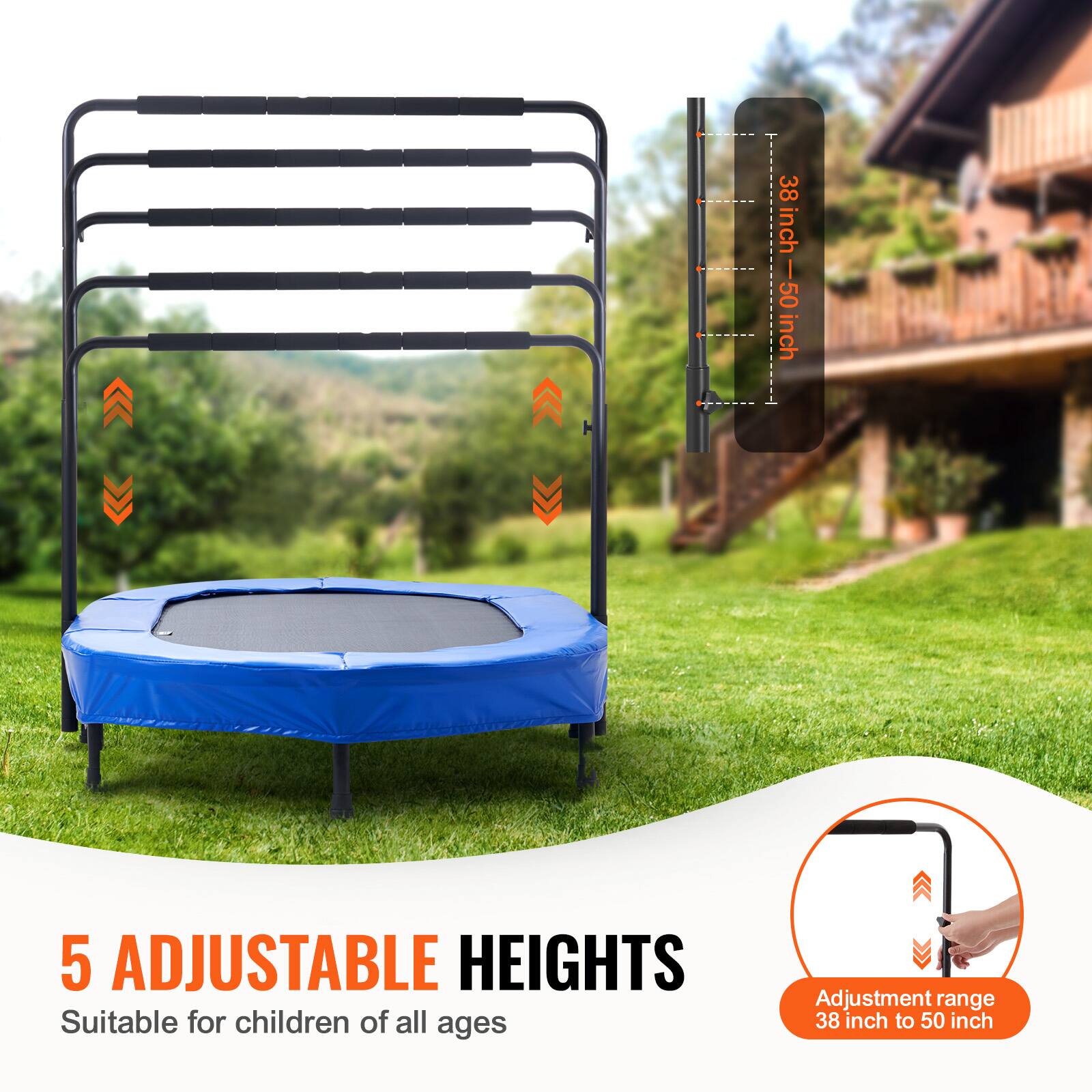 The text on the image can be grouped and corrected as follows:

- **5 Adjustable Heights**
- **Suitable for children of all ages**
- **Adjustment range: 38 inch to 50 inch**

This indicates that the trampoline has a height adjustment feature with 5 different settings, making it adaptable for children of various ages.