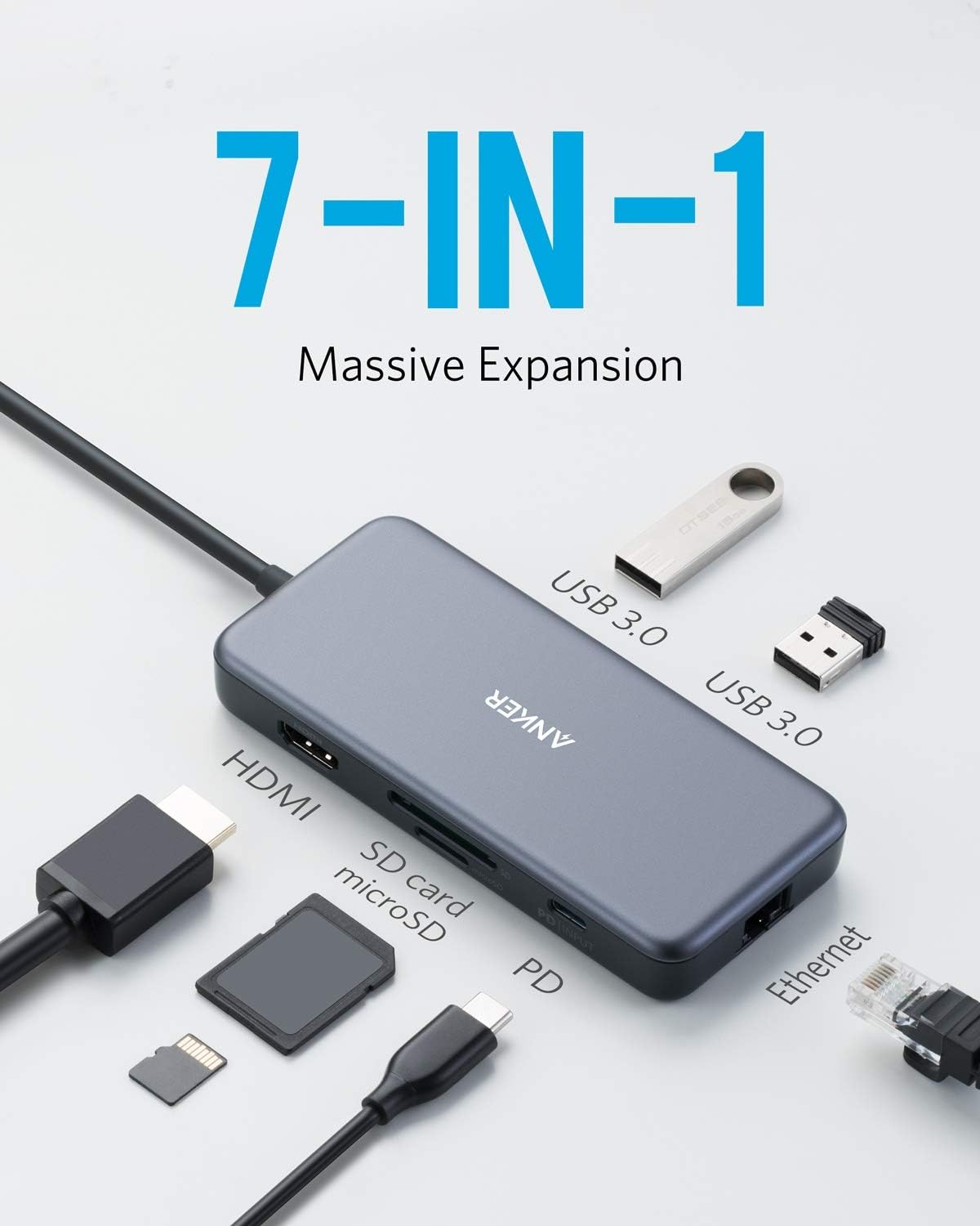7-IN-1 Massive Expansion

OTSES USB 3.0 ANKER USB 3.0 HDMI SD microSD card PD Ethernet