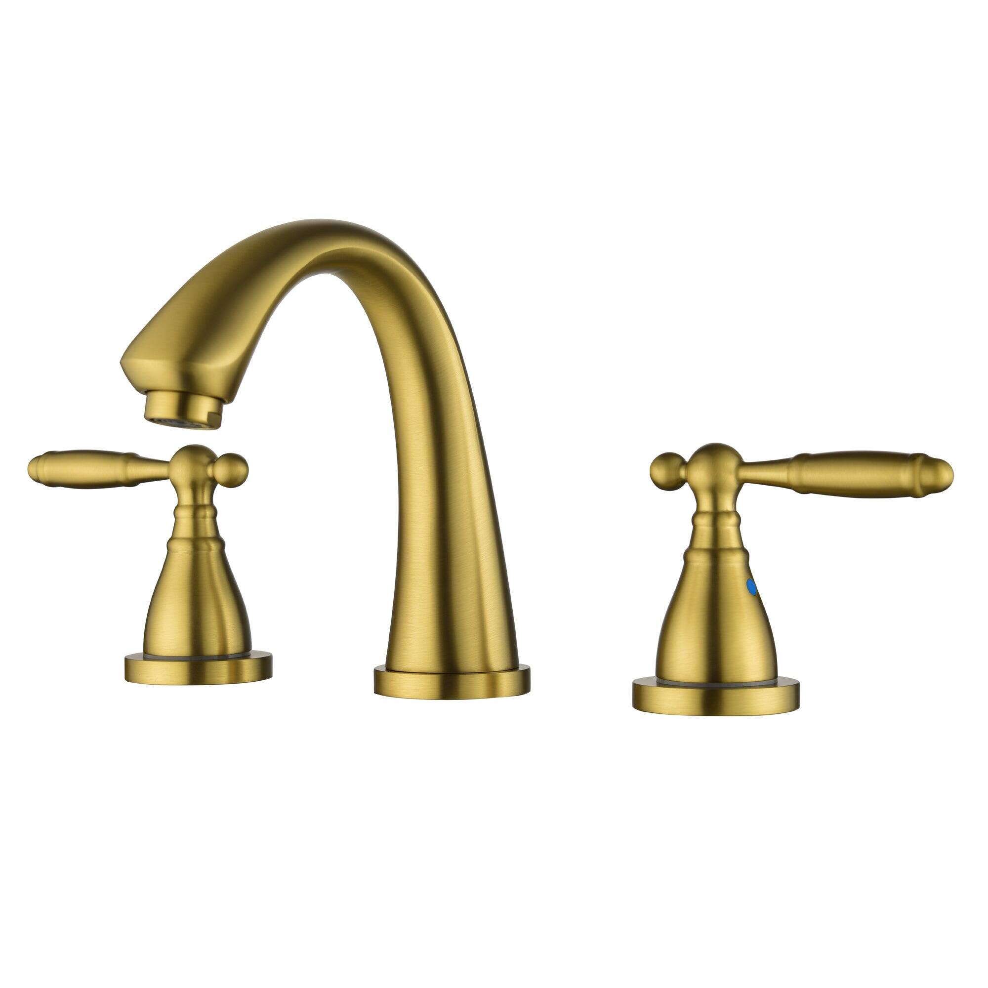 Left. Boyel Living - 8 in Widespread Double Handle 1.2 GPM Bathroom Faucet with Quick Connect Hose and Water Supply Hose in Brushed Gold - Brushed Gold.