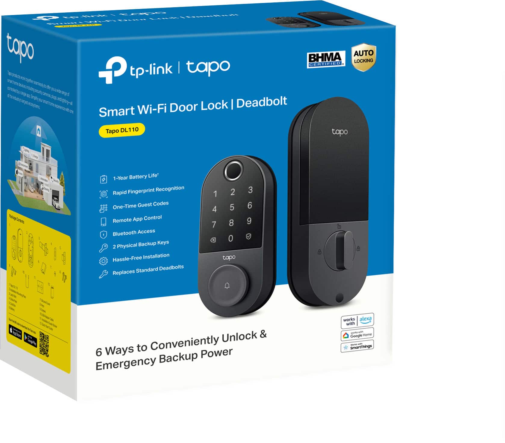 | AR -... -... -... -... -... | HMA EA AUTO LOCKING tp-link tapo T a Sor M moy4 Deadbolt - - Wi-Fi Door Lock | om Smart Tapo DL110 tapo u Year Battery Life Ragad Pingerprint Recognition One-Time Duest Codes Remoo App Control Bluetooth Access Backep Keys 2 Physical Hasoie-Free Installation Standard Deadtbors Replaces 1 4 7 2 5 8 topo 3 6 9 5 a 8 Unlock & Ways to Conveniently 6 Power Emergency Backup warks alexe - - UoTn