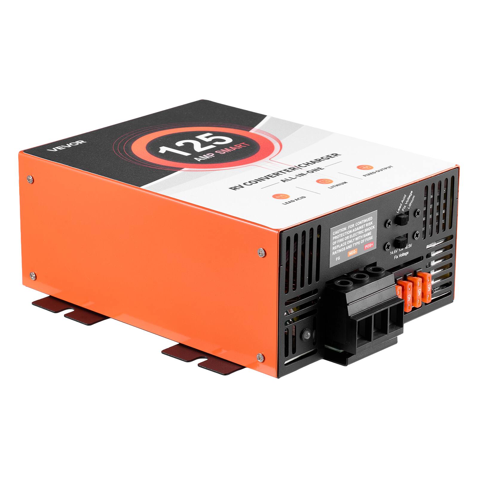 VEVOR  
125 AMP SMART CONVERTER/CHARGER OUTPUT RV ALL-IN-ONE LITHIUM LEAD ACID  
Aold Lithium Lead Acid FOR AGAINST CONTINUED SHOCK RISK PROTECTION  
CAUTION TRIC SAME OR ONLY WITH OFFUSE REPLA CE AND TYPE POSH  
142.3km RATINGS AND us NEG. 14.64 1ow FG Fin Voltage
