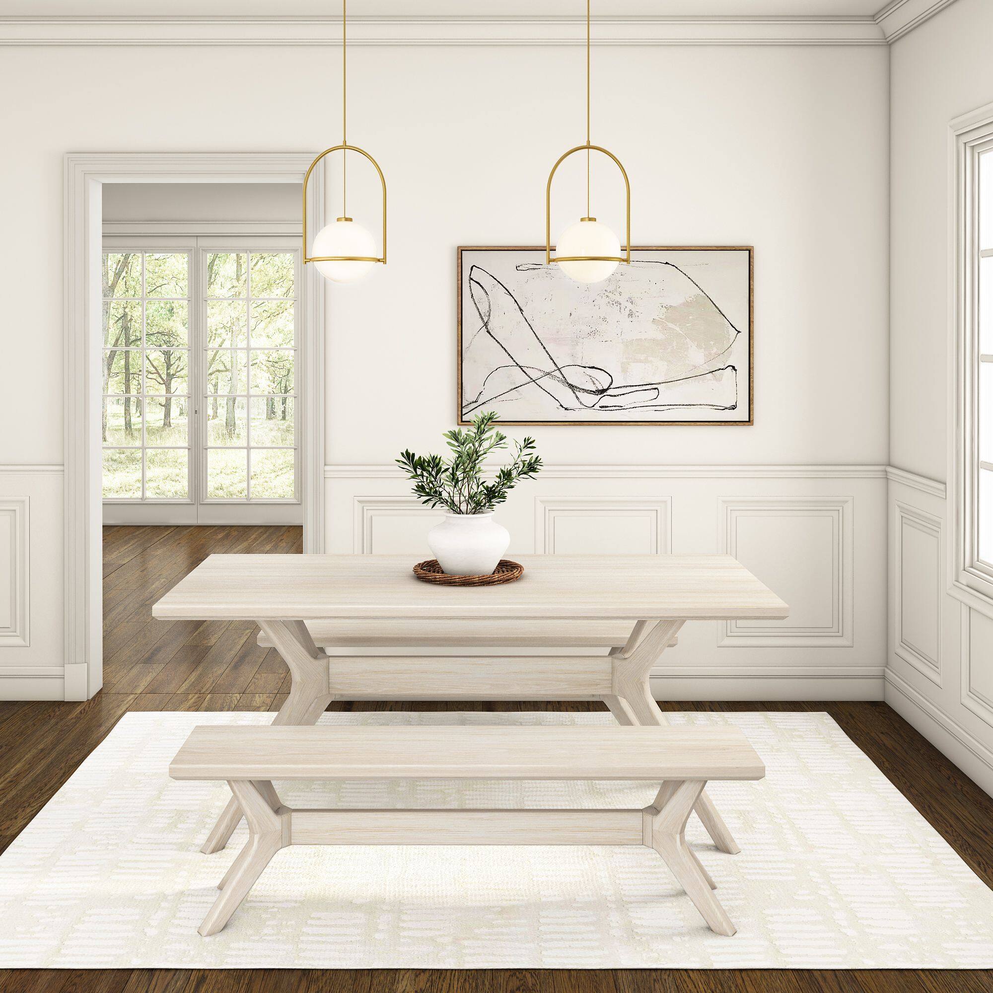 Alt View 3. Plank+Beam - Cross Leg Dining Room Bench (60in / 1520mm), White Sand Wirebrush - Beach White Wirebrush.