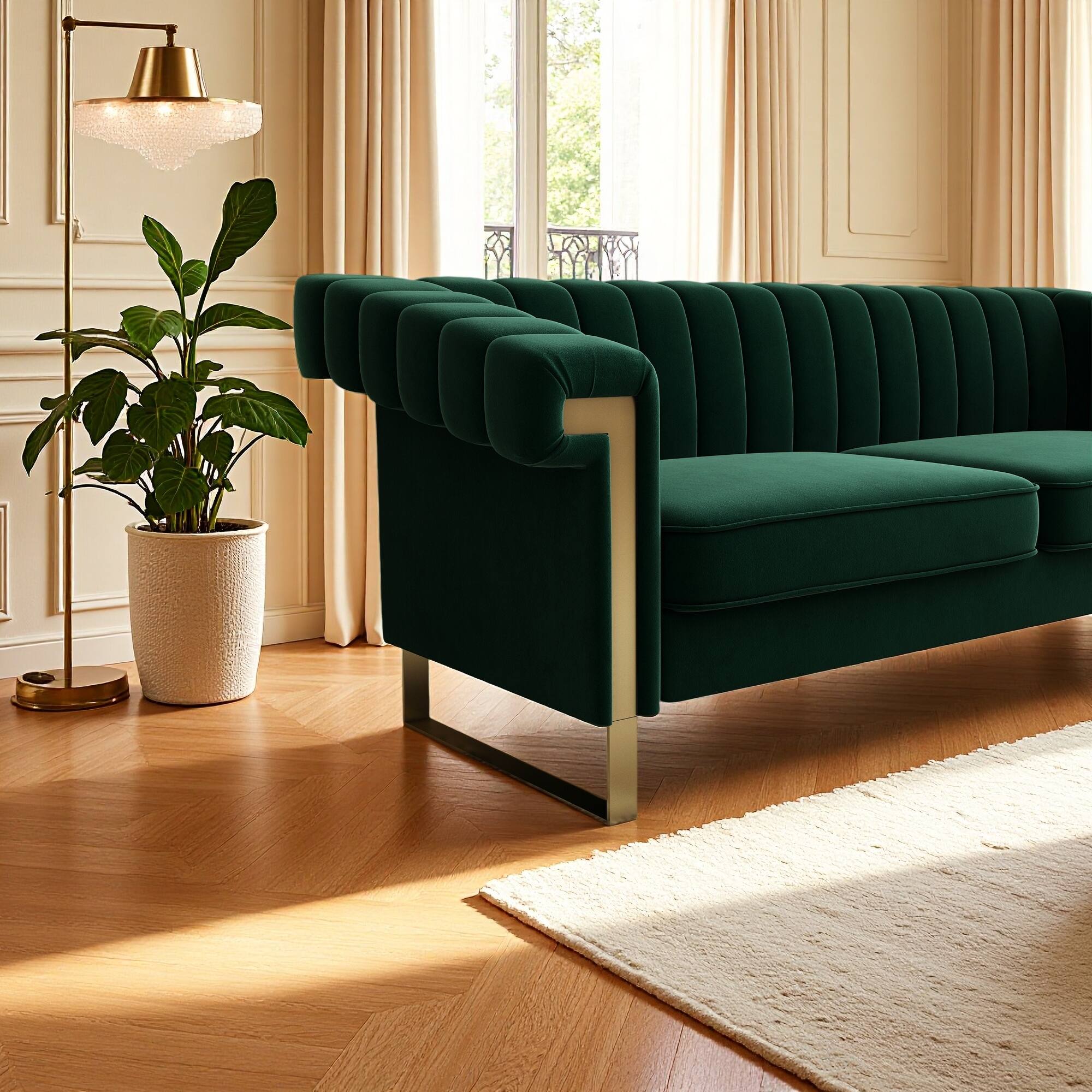 Back. Anysun - Modern 3-Seat Cream Velvet Sofa with Gold Accents - Channel-Tufted for Living Room & Office. - Green.