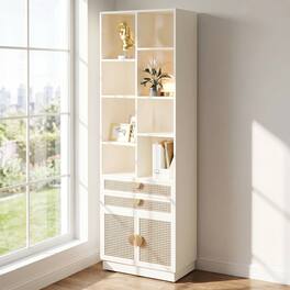 ModernMate - 73.3" Tall Bookshelf with 2 Drawers and Doors, 8 Storage Cubes, Wood Bookcase - White Rattan