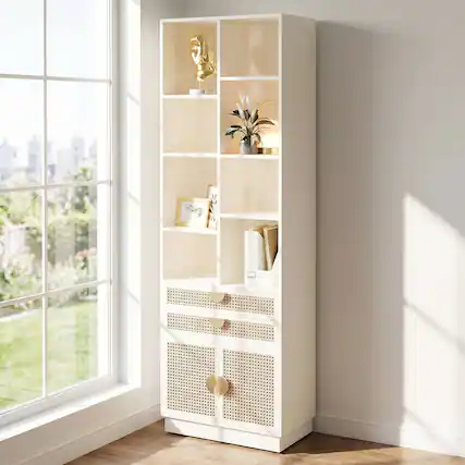 Front. ModernMate - 73.3" Tall Bookshelf with 2 Drawers and Doors, 8 Storage Cubes, Wood Bookcase, White Rattan - White Rattan.