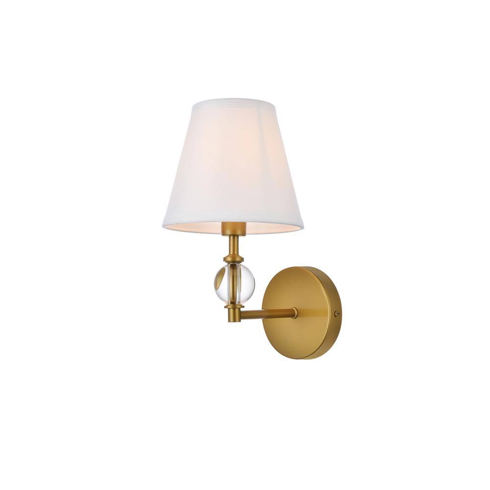 Alt View 2. Living District - Bethany 1 light bath sconce in brass with white fabric shade - Brass And White Fabric Shade.