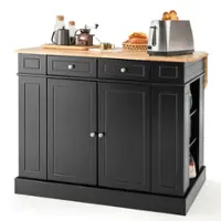 Costway - Kitchen Island with Storage Drop Leaf Breakfast Bar Table with Top Freestanding Buffet Sideboard - Black + Natural - Front_Zoom
