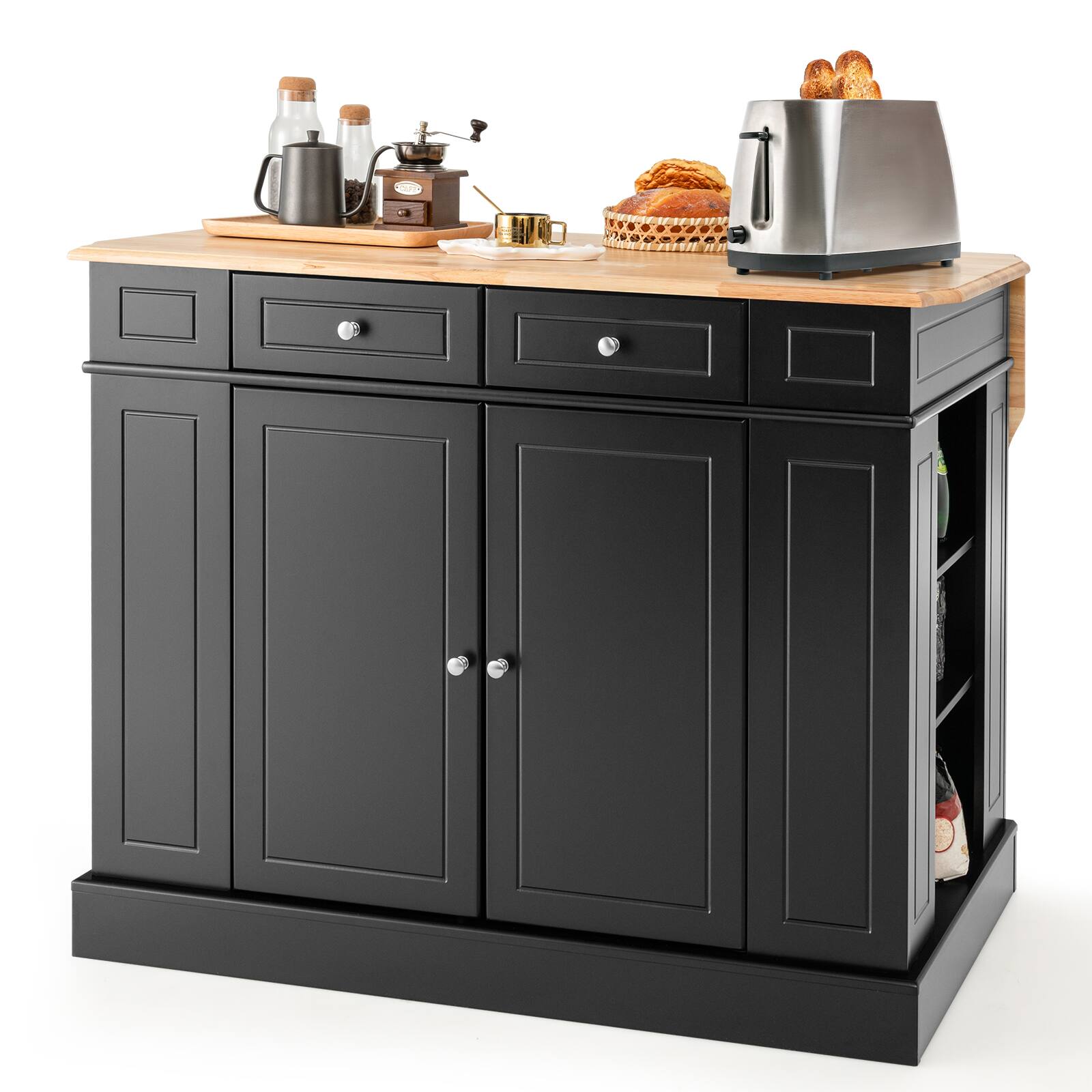 Costway - Kitchen Island with Storage Drop Leaf Breakfast Bar Table with Top Freestanding Buffet Sideboard - Black + Natural