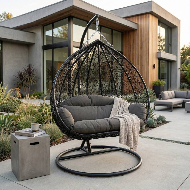 Left. LeisureMod - Recluse Modern Wicker Teardrop Hanging Egg Chair with Stand - Heavy Duty, Outdoor Indoor Swing Chair & Cushion - Graphite Grey.