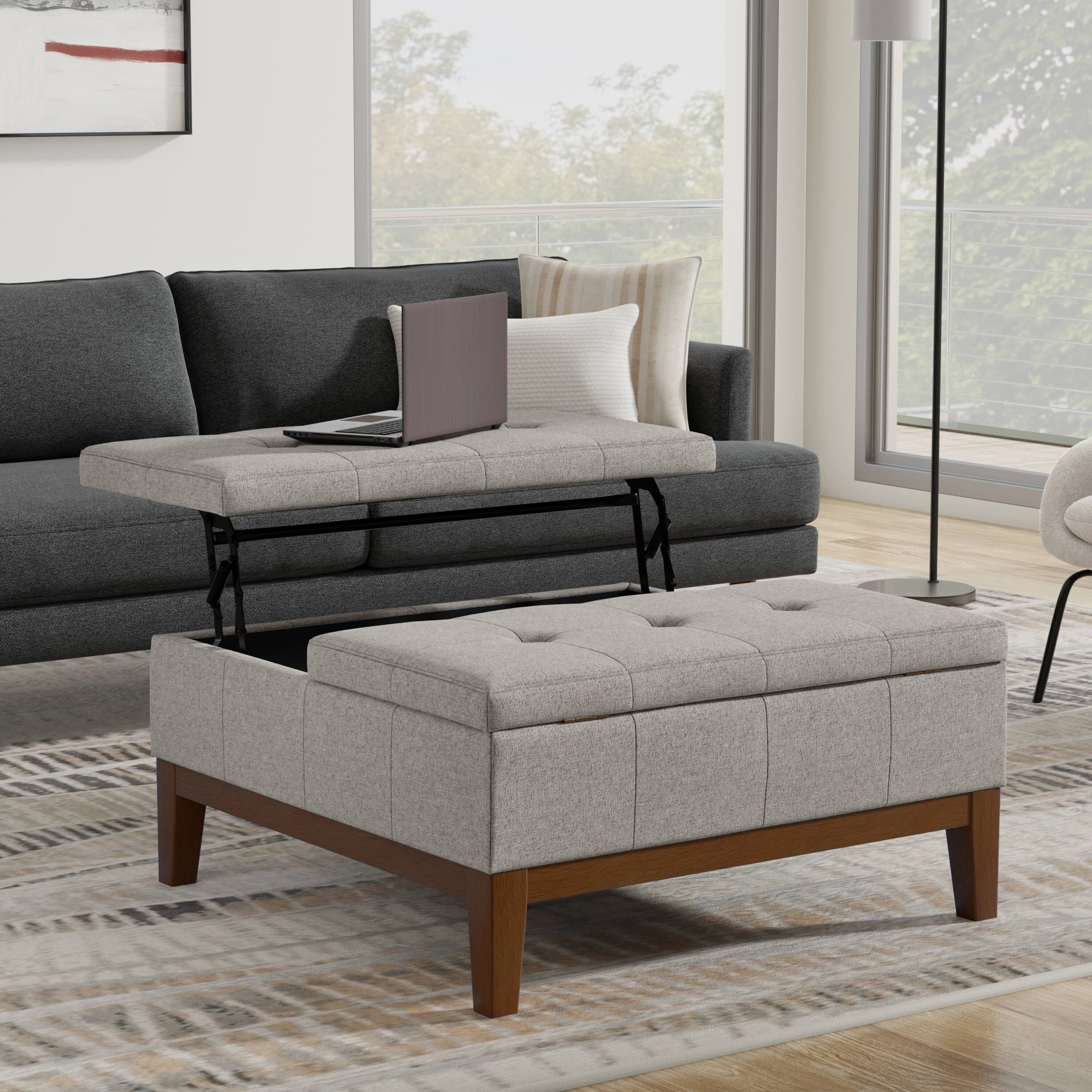 Angle. Simpli Home - Dover 36 inch Wide Contemporary Square Lift Top Coffee Table Storage Ottoman in Cloud Grey Polyester Linen, Assembled - Cloud Grey.