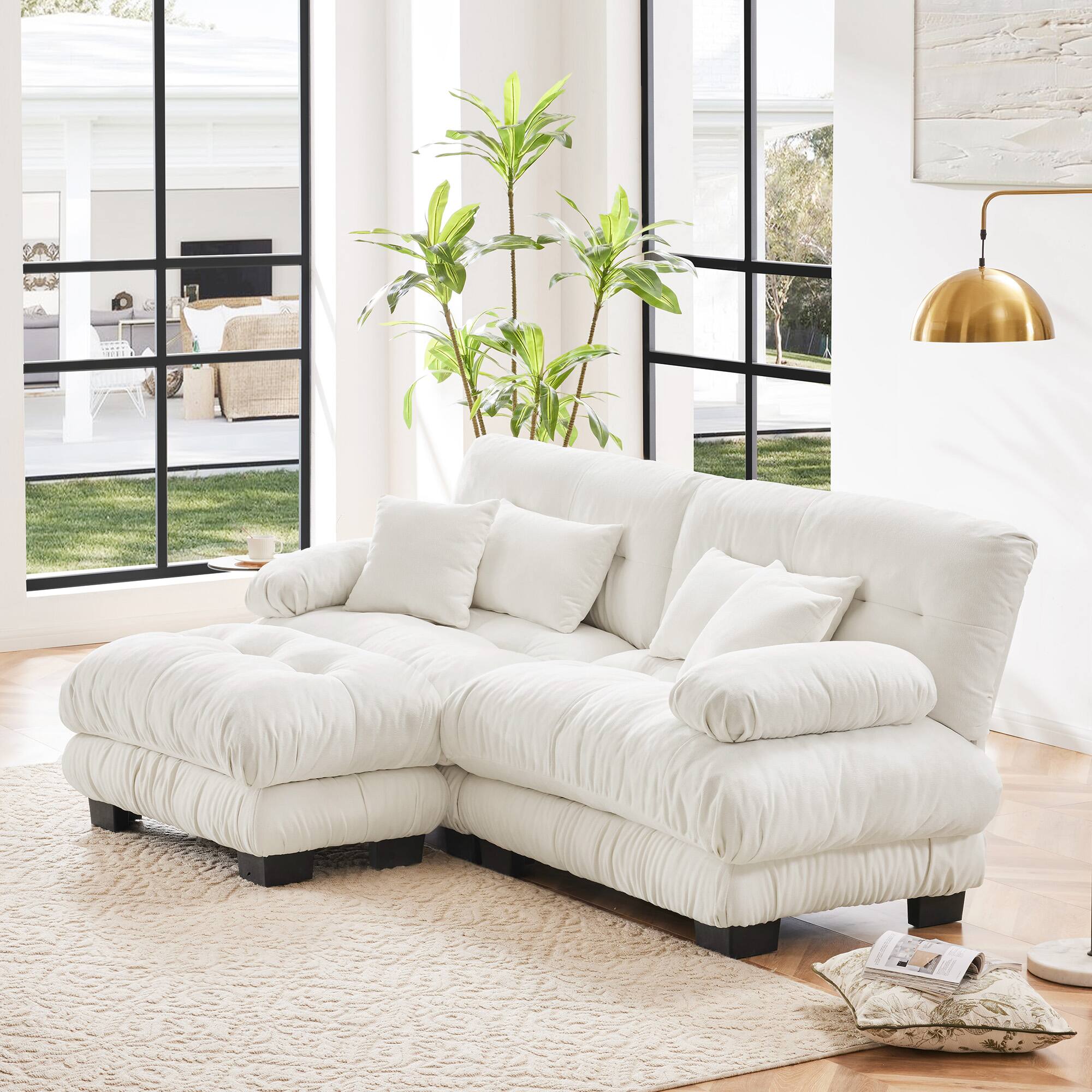 Angle. DOMETOUR - Cloud Couch 2 Seater Sofa with 2 Lumbar pillows and 2 throw pillows Upholstered Wide Arm Sofa with Convertible Ottoman - Chenille White.