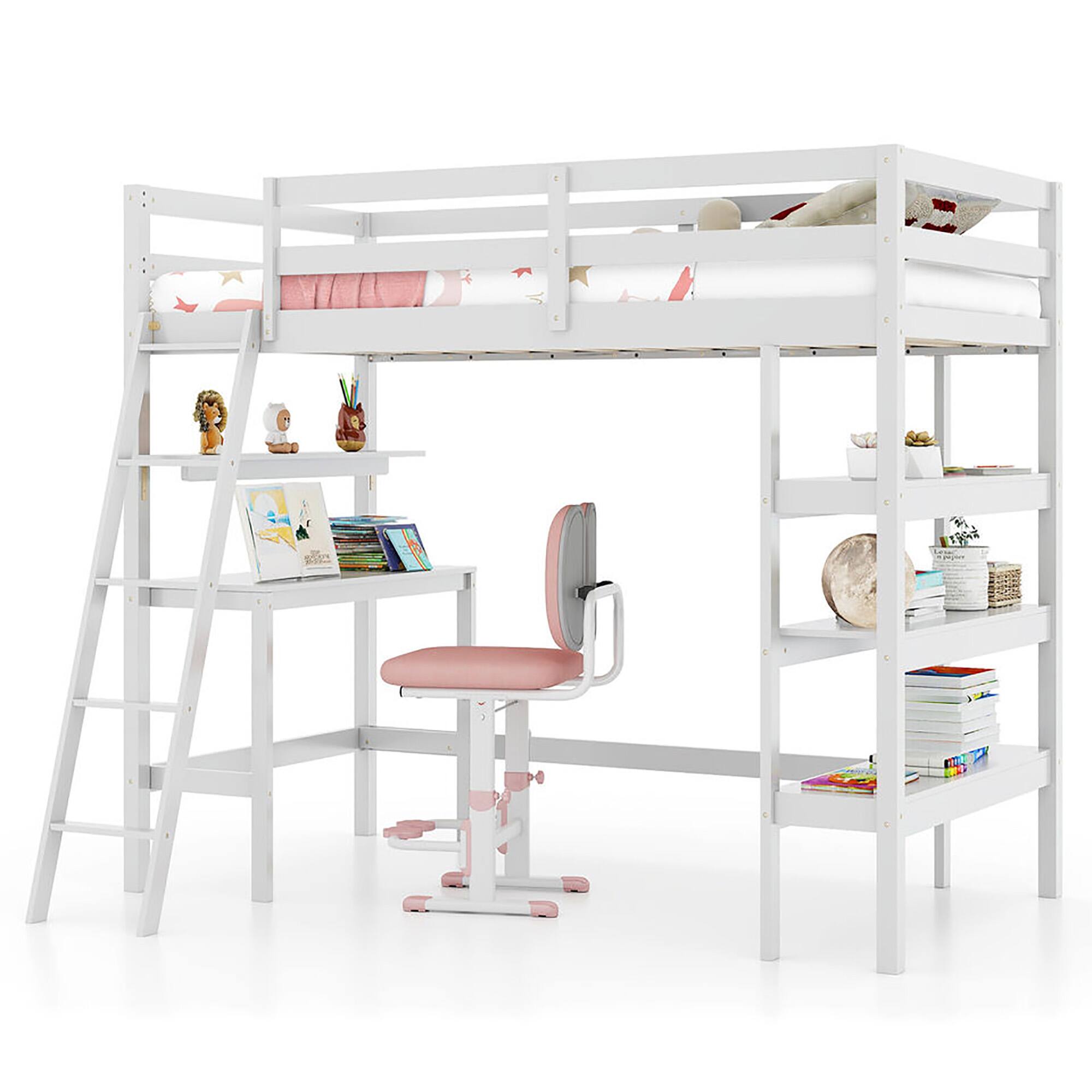 Alt View 8. Gymax - Gymax Twin Size Solid Wood Loft Bed w/ Desk & Bookshelves Ladder & Guardrails White - White.