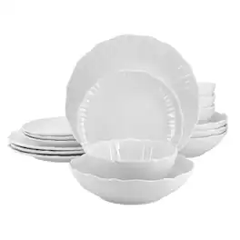 Elama - Millie 16 Piece Double Bowl Porcelain Dinnerware Set - White