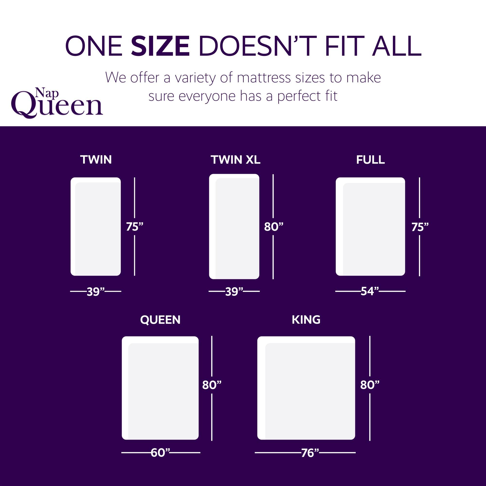 ONE SIZE DOESN'T FIT ALL

We offer a variety of mattress sizes to make sure everyone has a perfect fit

- TWIN: 75" x 39"
- TWIN XL: 80" x 39"
- FULL: 75" x 54"
- QUEEN: 80" x 60"
- KING: 80" x 76"
