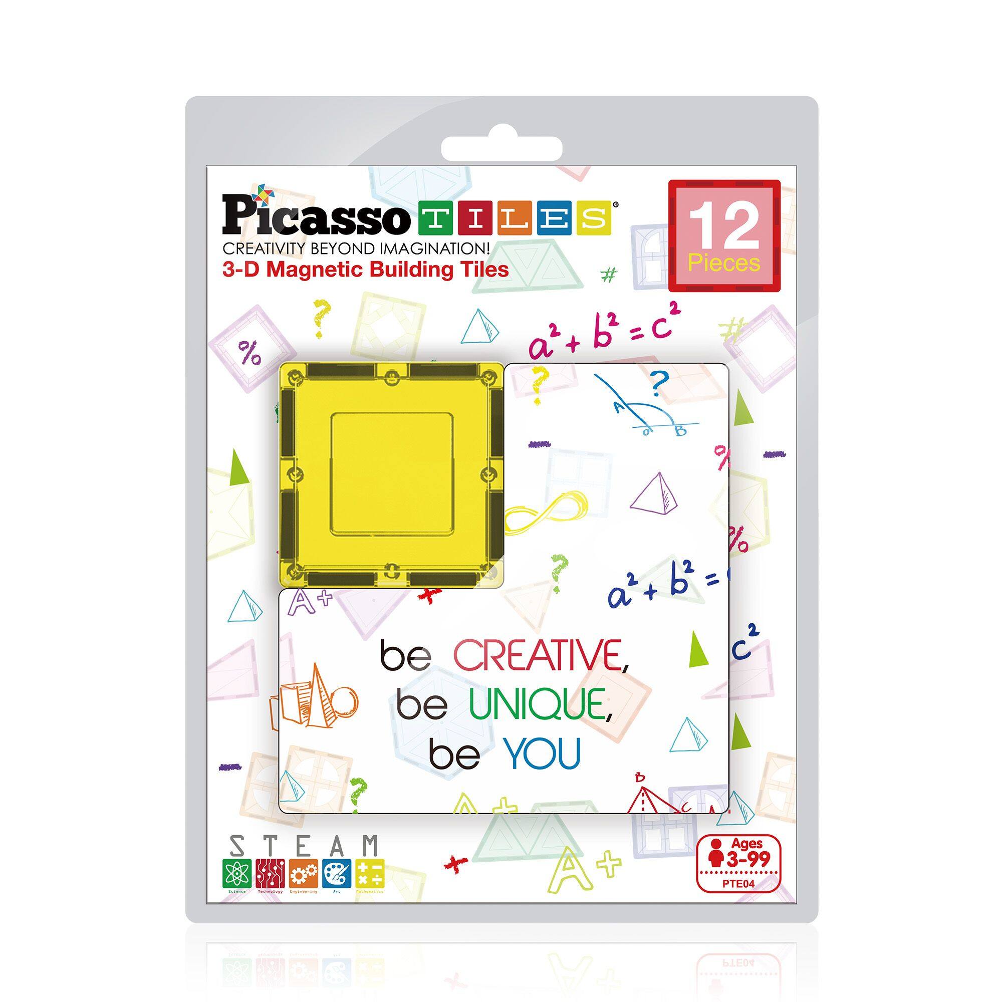 Picasso Tiles 12 Pieces, Creativity Beyond Imagination! 3-D Magnetic Building Tiles, be CREATIVE, be UNIQUE, be YOU, STEAM, Ages 3-99, PTE04