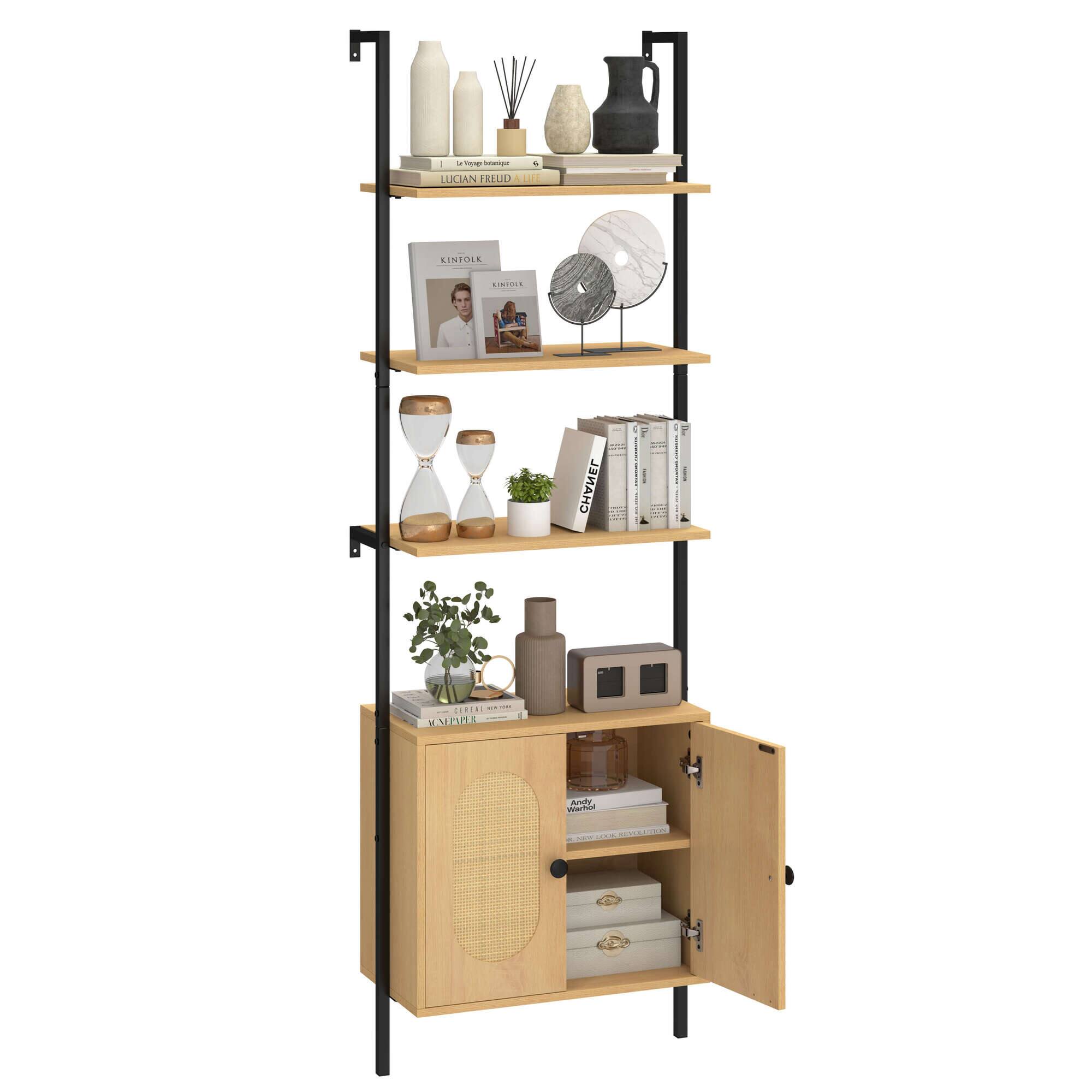Costway - 1 PCS Ladder Bookshelf with Rattan Cabinet 71" Tall Wall Mounted Bookcase - Natural