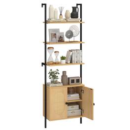 Costway - 1 PCS Ladder Bookshelf with Rattan Cabinet 71" Tall Wall Mounted Bookcase - Natural