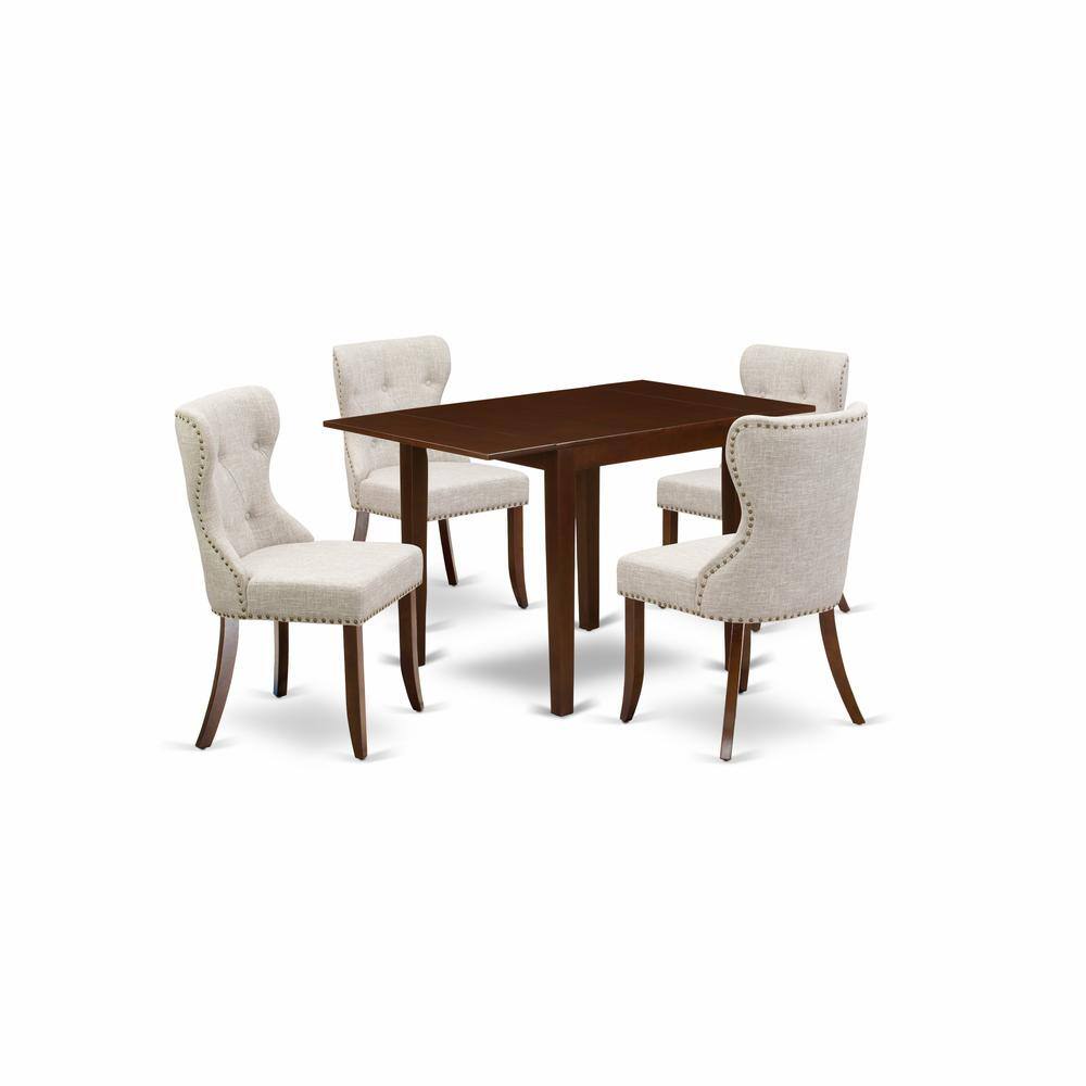 Left. East West Furniture - East-West Furniture NDSI5-MAH-35 - A dining set of 4 wonderful parson dining chairs with Linen Fabric Doeskin color and - Mahogany.