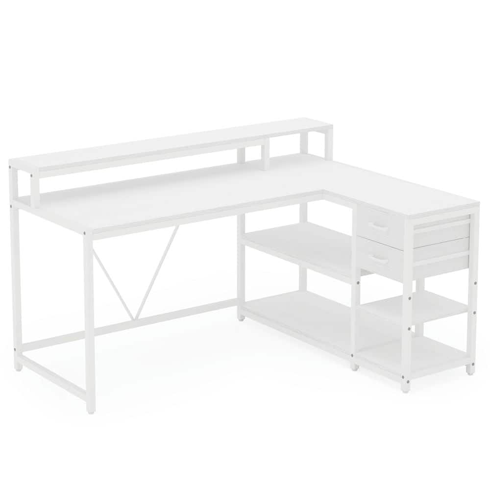 Kadyn - Study Writing Desk, Computer Desk,Reversible L-Shaped Desk, Industrial Corner Desk with Drawer & Shelves - White