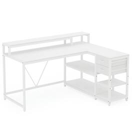 Kadyn - Study Writing Desk, Computer Desk,Reversible L-Shaped Desk, Industrial Corner Desk with Drawer & Shelves - White
