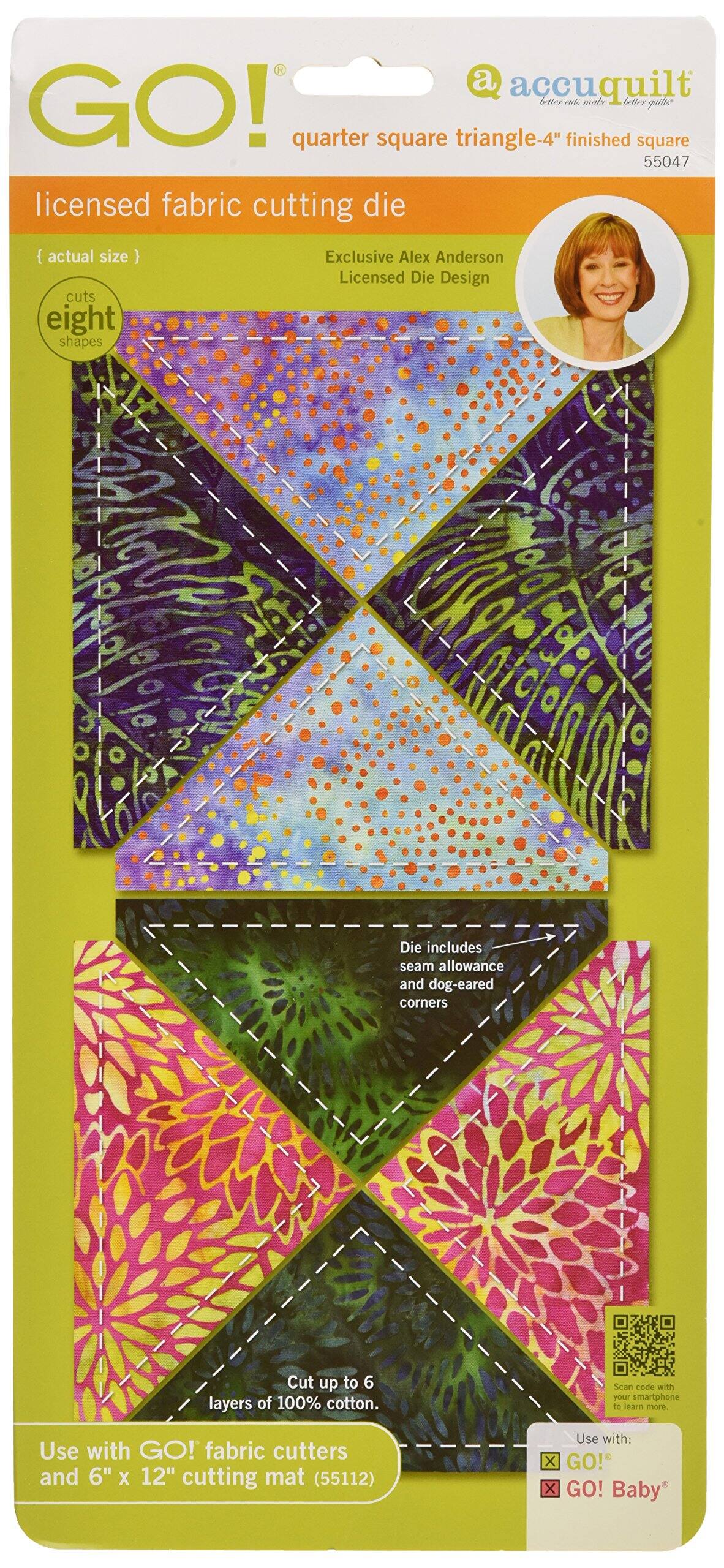 a accuquilt bultrr aom male better souds" GO! quarter square triangle-4" finished square 55047 licensed fabric cutting die [ [actual size} cuts eight shapes Exclusive Alex Anderson Licensed Die Design Die includes seam allowance and dog-eared corners Cut up to 6 layers of 100% cotton. Scan code with your smartphone to learn more. Use with GO! fabric cutters and 6" X 12" cutting mat (55112) Use with: GO! Baby