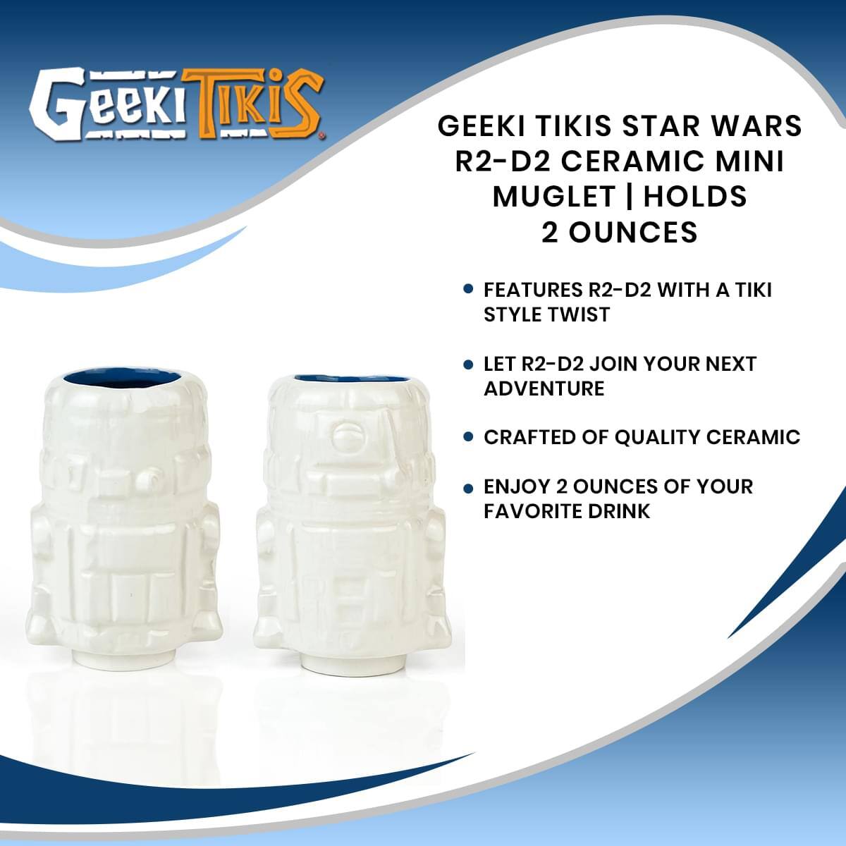 Geeki Tikis Star Wars R2-D2 Ceramic Mini Muglet | Holds 2 Ounces

- Features R2-D2 with a Tiki Style Twist
- Let R2-D2 Join Your Next Adventure
- Crafted of Quality Ceramic
- Enjoy 2 Ounces of Your Favorite Drink