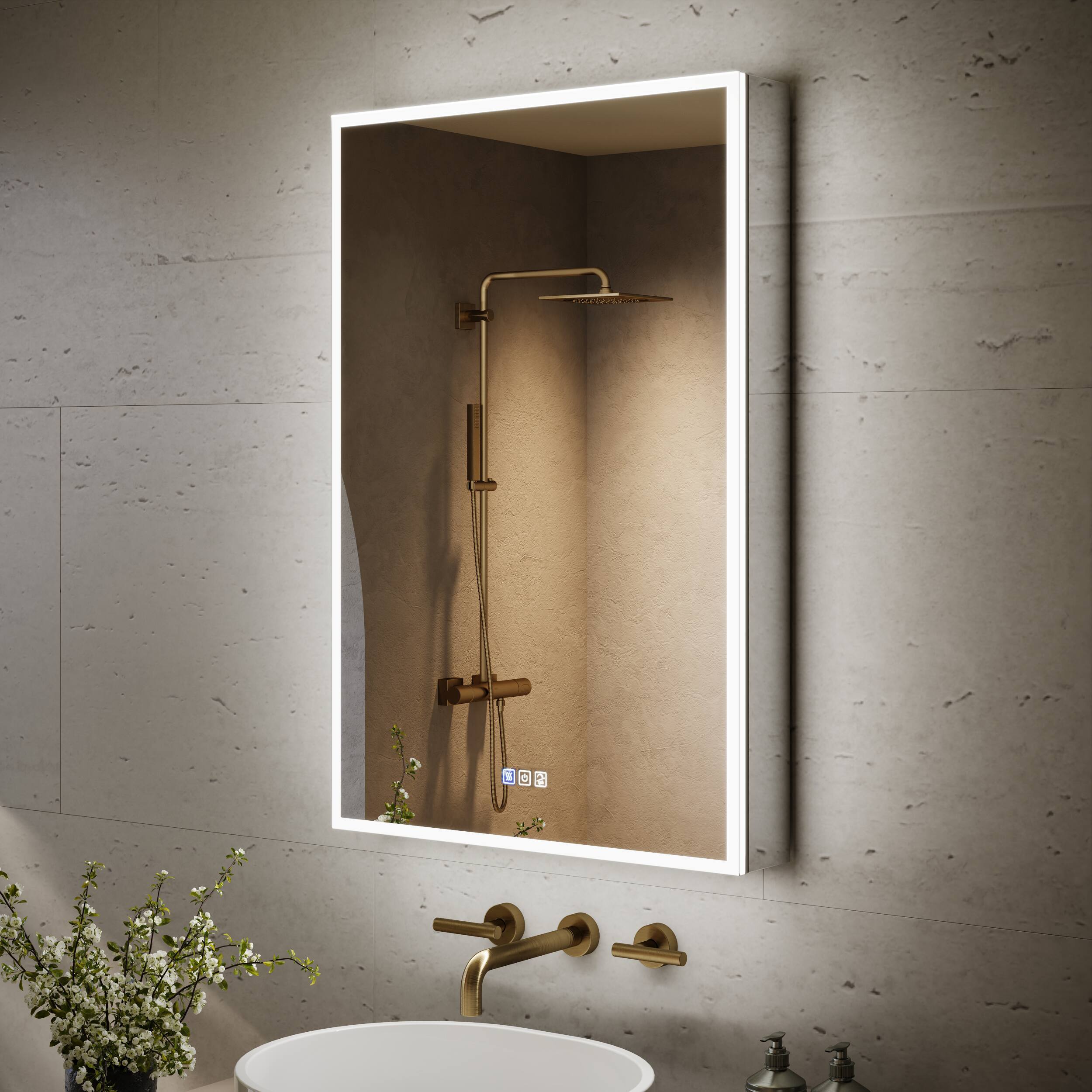 Angle. WELLFOR - 24 in. W x 36 in. H Rectangular Recessed/Surface Mount LED Medicine Cabinet with Mirror, 3x Magnifier, USB, Type C, Left - Silver.