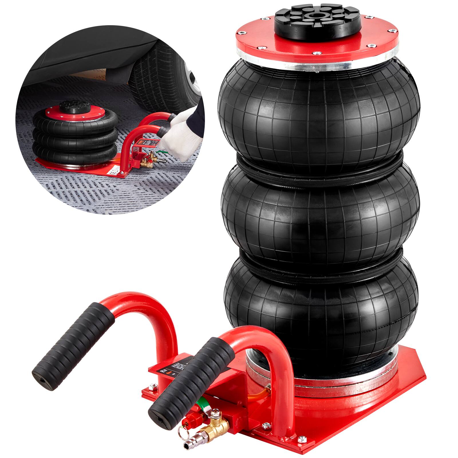 Front. VEVOR - Air Jack, 3 Ton/6600 lbs Triple Bag Air Jack, Airbag Jack with Six Steel Pipes, Lift up to 17.7 inch/450 mm, 3-5 s Fast - Red;Black.