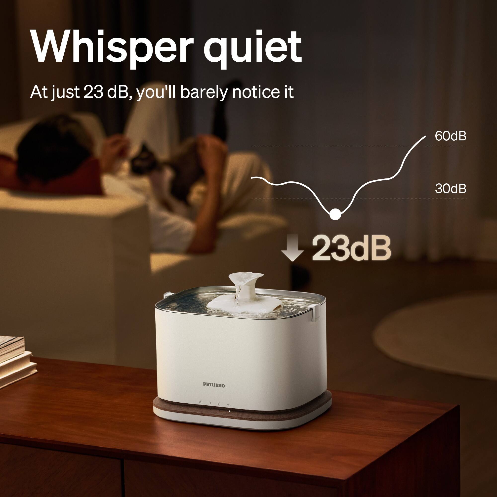 Whisper quiet  
At just 23 dB, you'll barely notice it  

60dB  
30dB  
23dB  

PETLIBRO